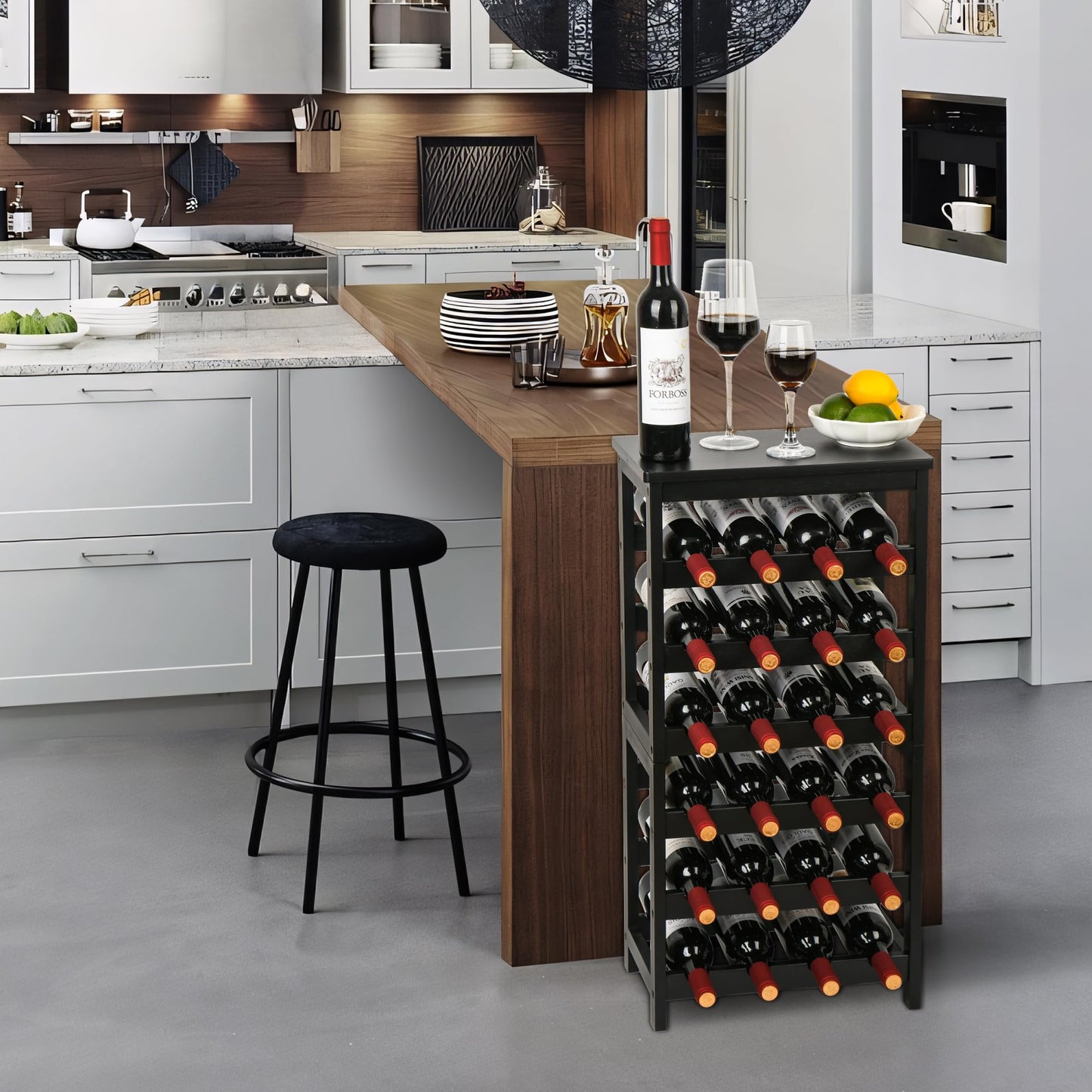 VASMIA Wine Rack Freestanding Floor, 6-Tier Display Wine Storage Shelves with Table Top, 24-Botttle Bamboo Wine Rack Shelf for Kitchen Bar Dining Room Living Room, Black