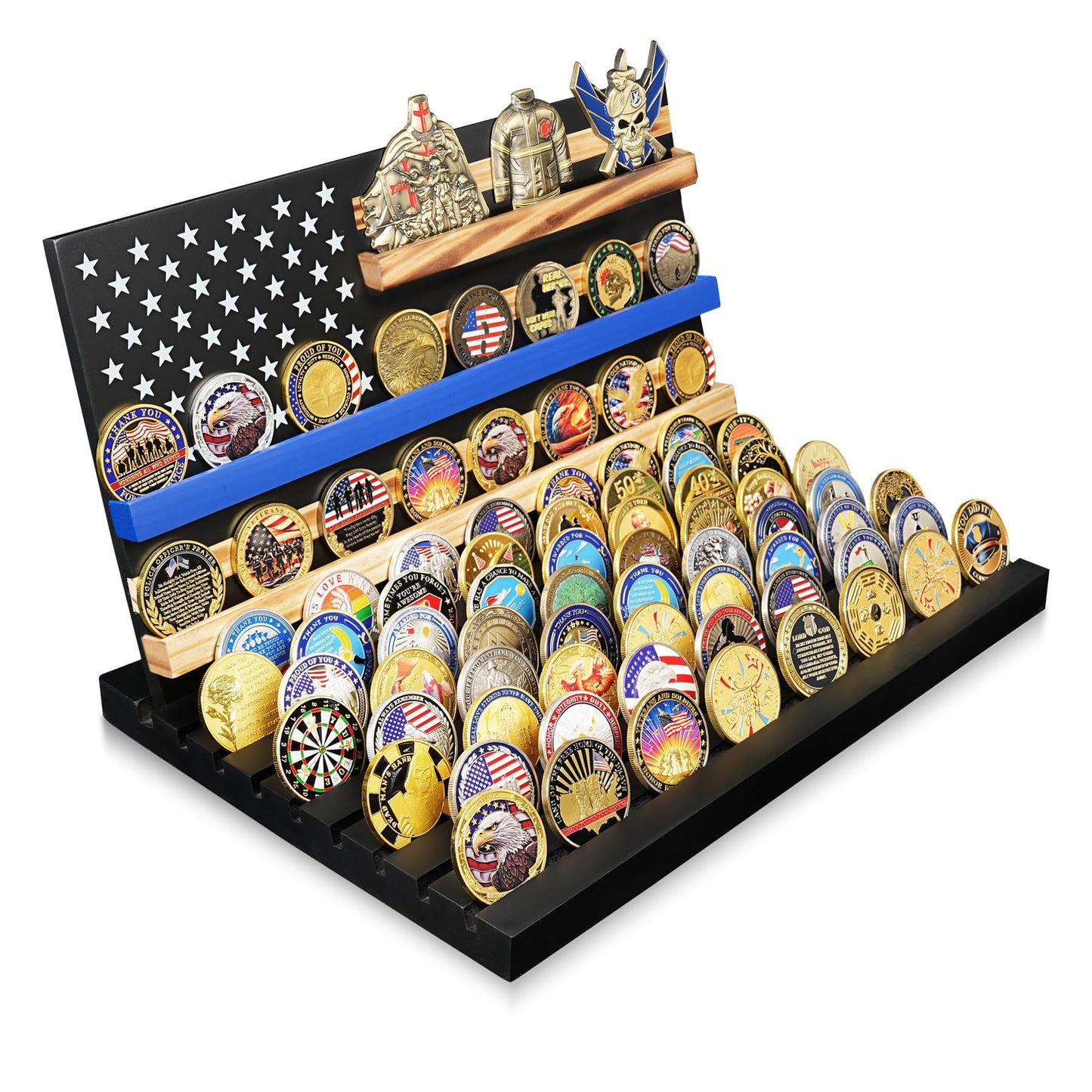 YUN RUI 11 Rows Challenge Coin Display, Removable Military Coin Holder Display with American Flag, Wooden Coin Display Case Rack Holds 95-106 Coins,Black