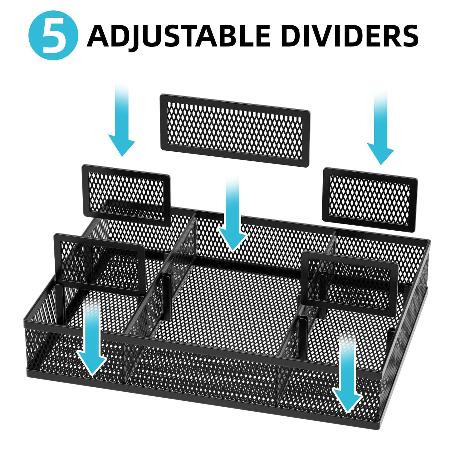 Marbrasse 2 Pack Desk Drawer Organizer, Mesh Drawer Organizer Tray with 8 Adjustable Compartments, Desk Organizers and Accessories, 5 Dividers Drawer for Office Supplies, Makeup & Vanity (Black-2P)