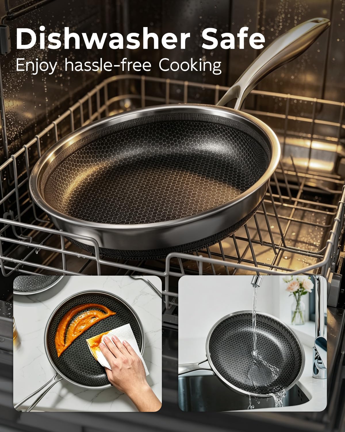 FogDream 8 Inch Nonstick Frying Pan with Lid, Honeycomb Hybrid Stainless Steel Skillet, Tri-Ply Induction Compatible, Non Toxic Frying Pan, Oven Safe, Dishwasher Safe, Silver