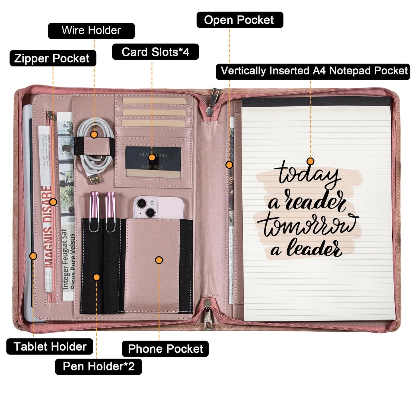 Generic Zippered Leather Padfolio Portfolio with Hidden Handle and Clipboard, Business Conference Organizer Notepad Folder, Portfolio Bag, Padfolio for Women/Men (Pink)