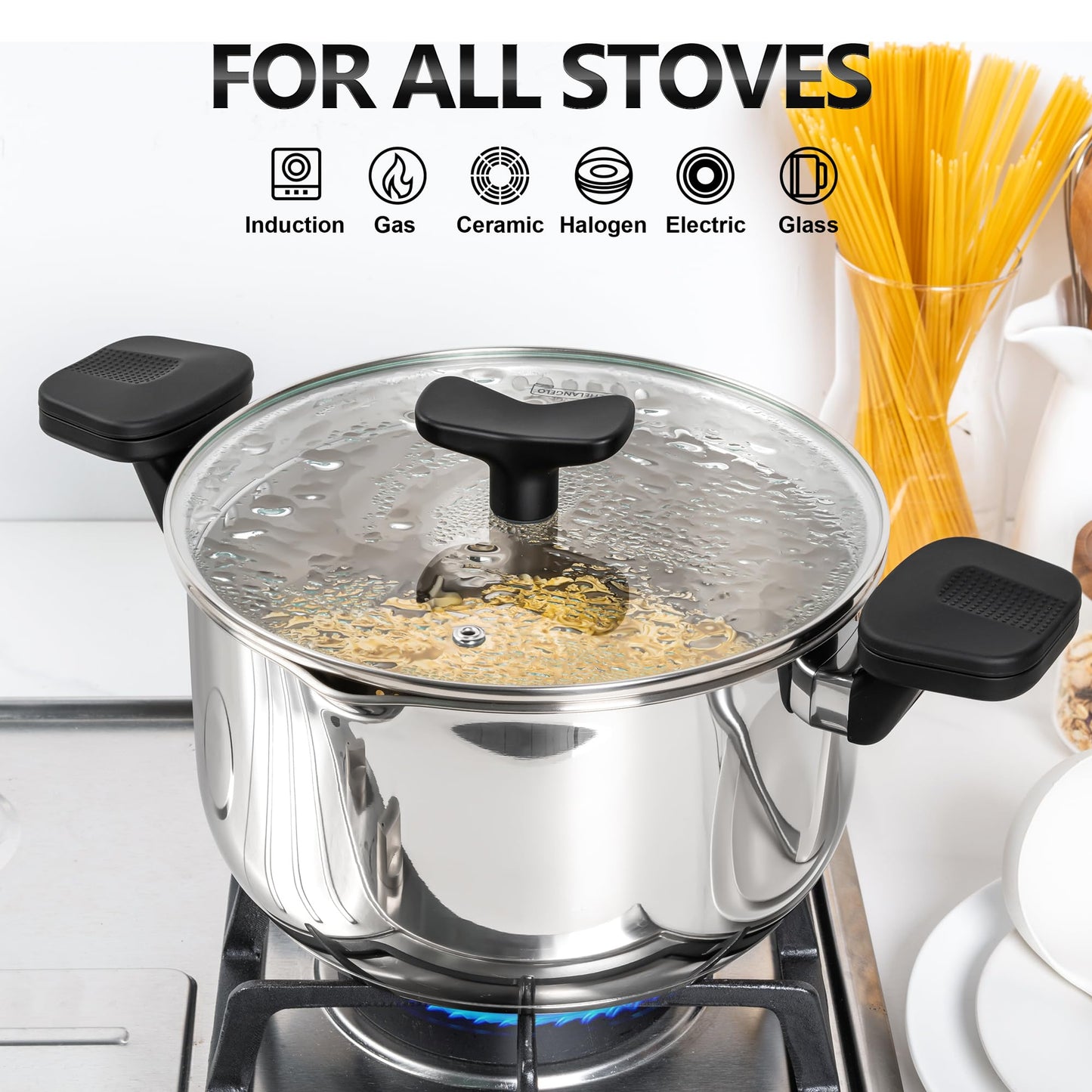 MICHELANGELO Stainless Steel Pasta Pot with Strainer Lid - Pasta Cooker | 6 Quart Induction Pot for All Cooktops, 6 Qt Spaghetti Pots with Strainer Lid