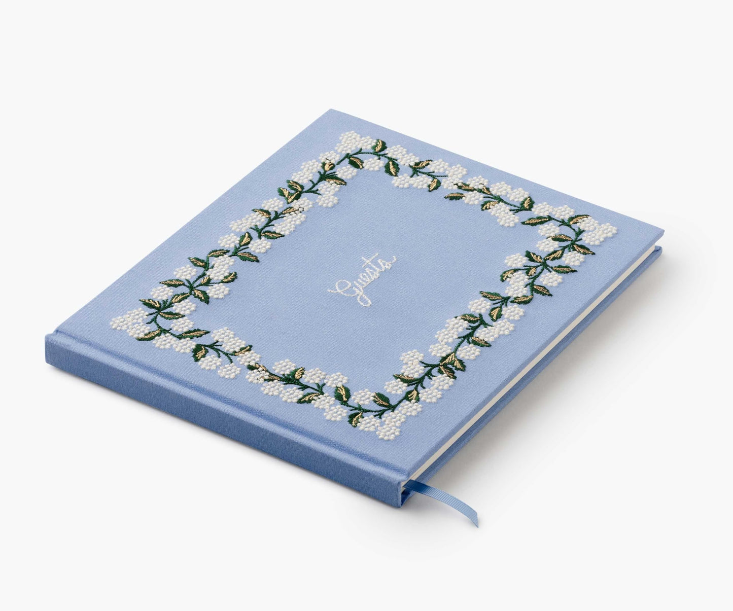 RIFLE PAPER CO. Hydrangea Embroidered Fabric Guest Book | Hard Cover Wrapped in Book Cloth & Ribbon Bookmark, (144 Ruled Pages Metallic Gold Ink, 10.25" W × 8.25" L)