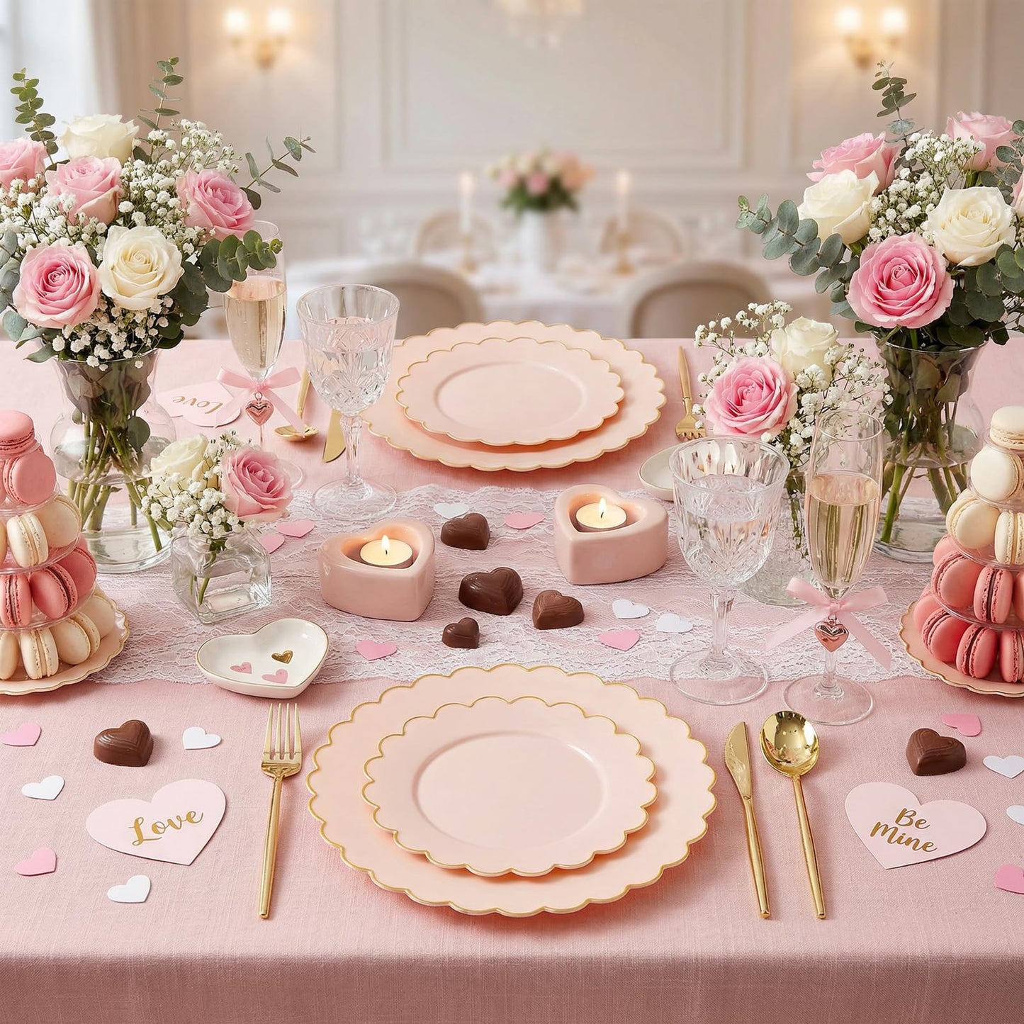 LIYH 60 Pcs Pink Plastic Plates with Gold Pink Plates Disposable Plate Set Includes 30 Dinner 10.25" and 30 Dessert Plate 7.5" for Baby Shower,Weddings,Parties,Birthday