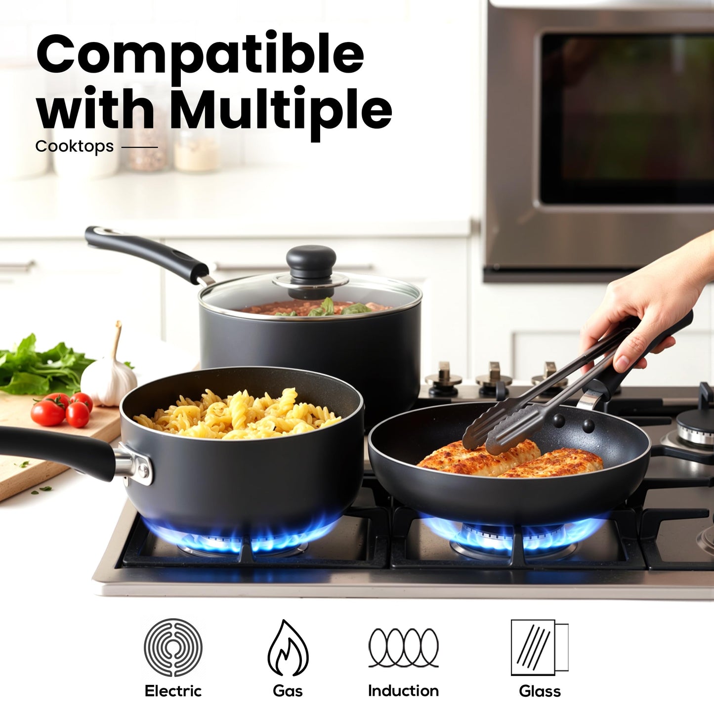 KICHLY 8 Piece Pots and Pans Set, Non Stick Kitchen Cookware Set with 20cm & 28cm Frying Pans and 16cm, 18cm, 20cm Saucepans with Lids, Induction Compatible Pots and Pans Set Non Stick, Black