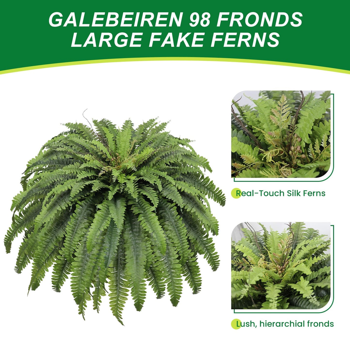 Galebeiren 50" Fake Ferns Artificial Plants Large, 98 Fronds Artificial Ferns for Outdoors and Indoors, Suitable for Planter Garden Porch Office Decor