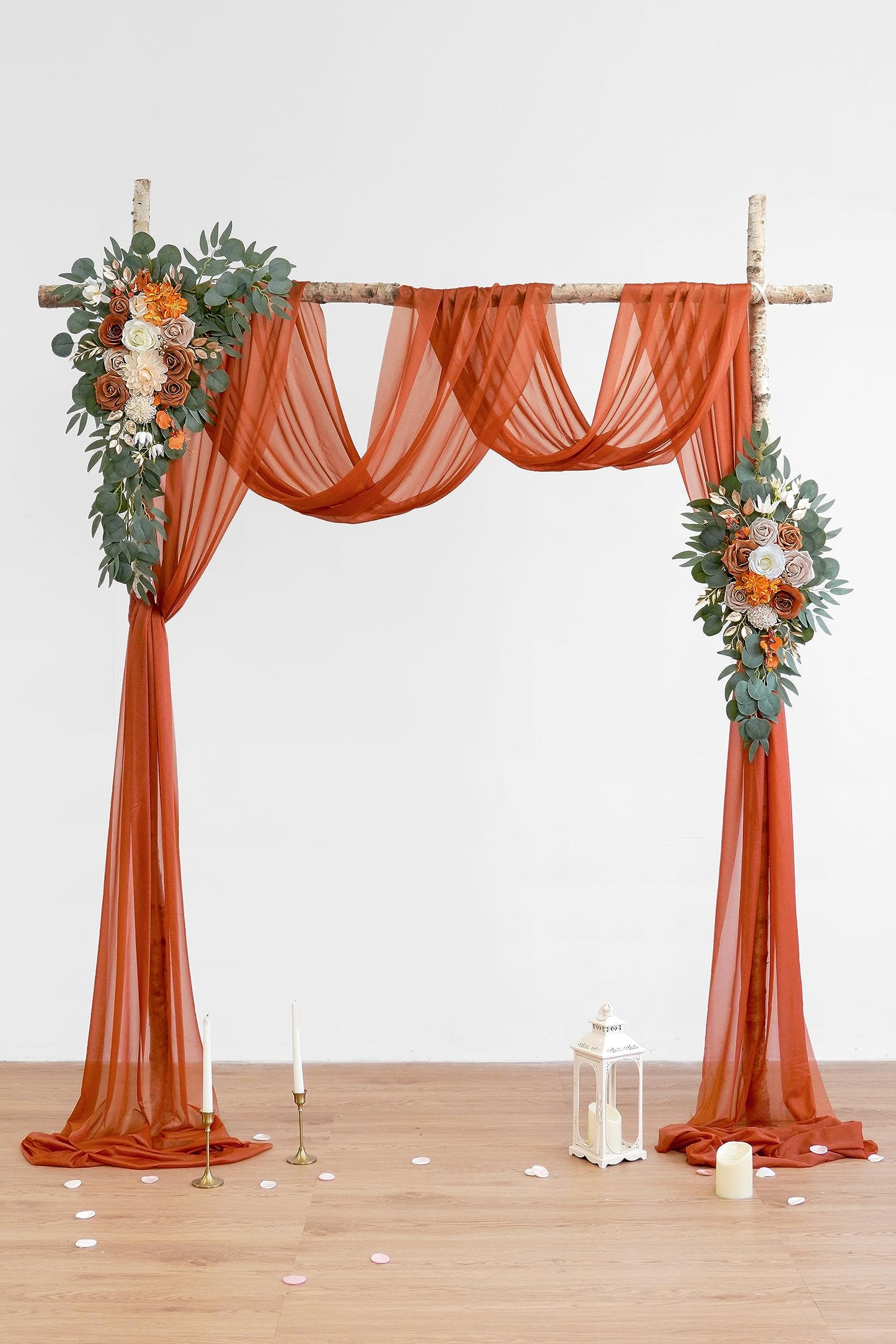 Olalaka Burnt Orange Artificial Wedding Arch Flowers Kit (Pack of 3) with 26Ft Terracotta Shiny Arch Draping Fabric for DIY Wedding Party Ceremony Reception Backdrop Floral Decoration