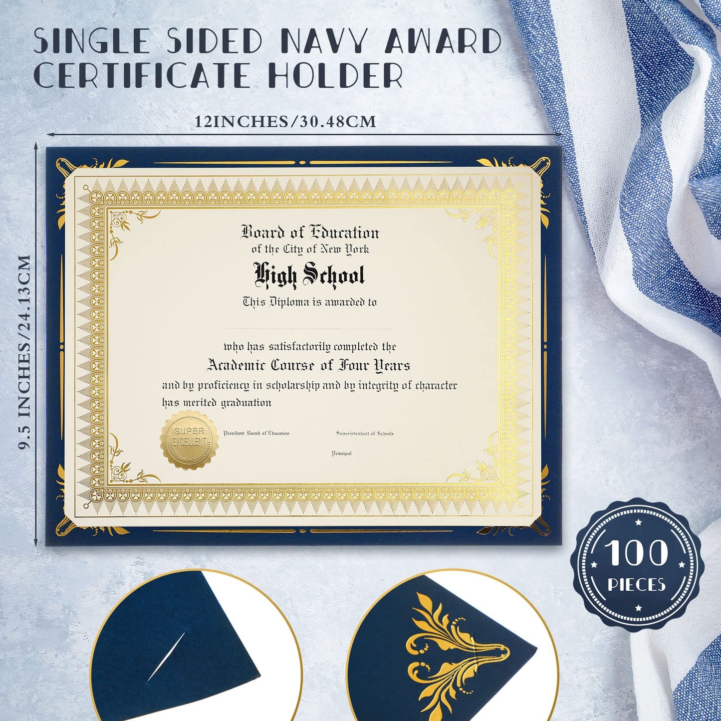 Fainne 100 Sets Certificate Paper Kit Single Sided Awards Holder with Foil Border for 8.5 X11 Certificate Covers Award Seals Stickers Diploma Covers(Navy Blue)