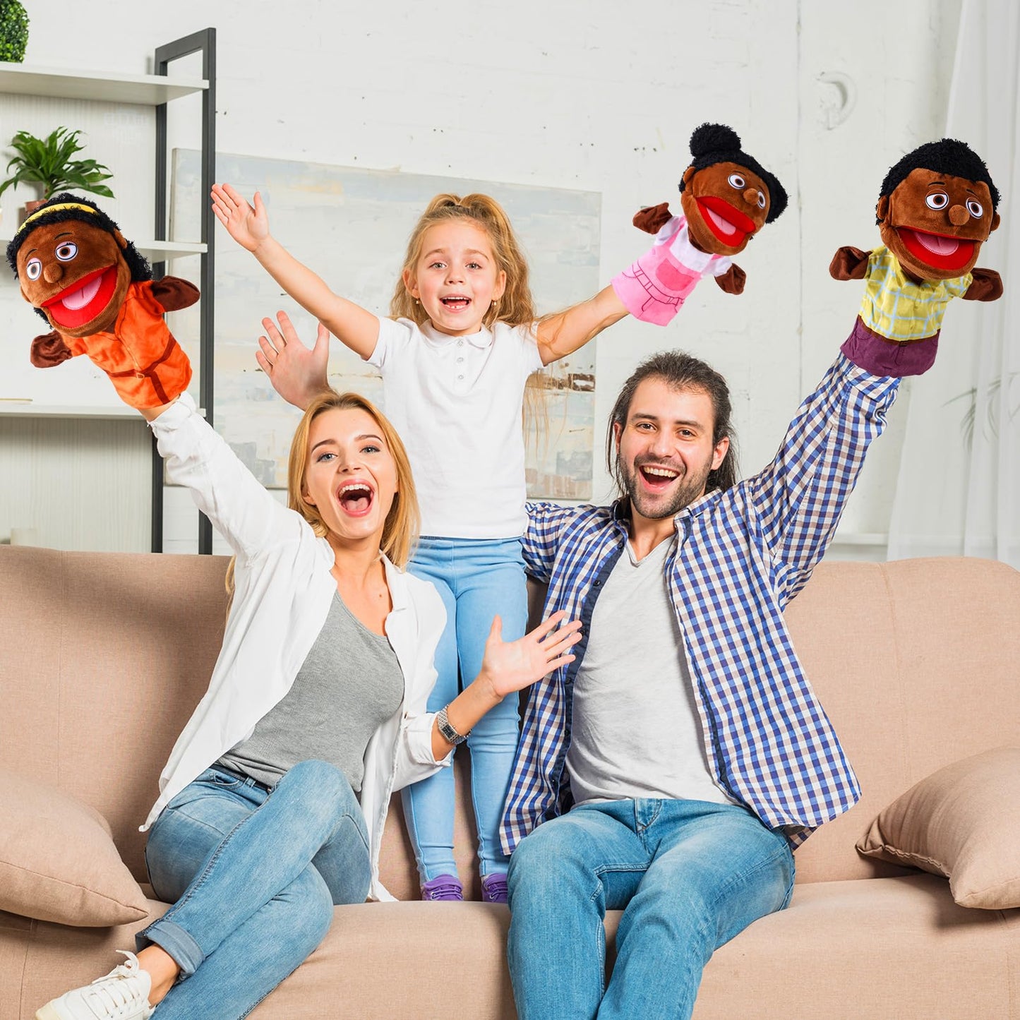 12 Pcs Family Hand Puppets 12 Inch Grandparents Mom Dad Brother Sister Plush Toys Role-Play Toy Puppets for Kids Storytelling Imaginative Pretend Play Teaching Preschool(Multicultural Family)