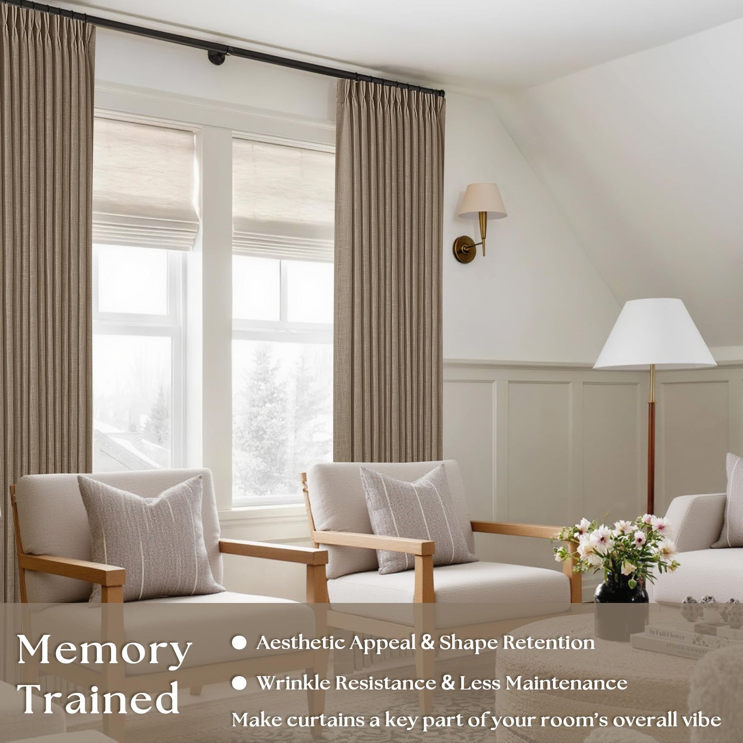 TWODRAPES Pinch Pleated Neutral Linen Curtains 2 Panels Set Living Room Dining Pinch Pleat Back Tab Light Filtering Farmhouse Boho Retro Window Curtain Drapes 84 Inch Length Latte Tan Brown