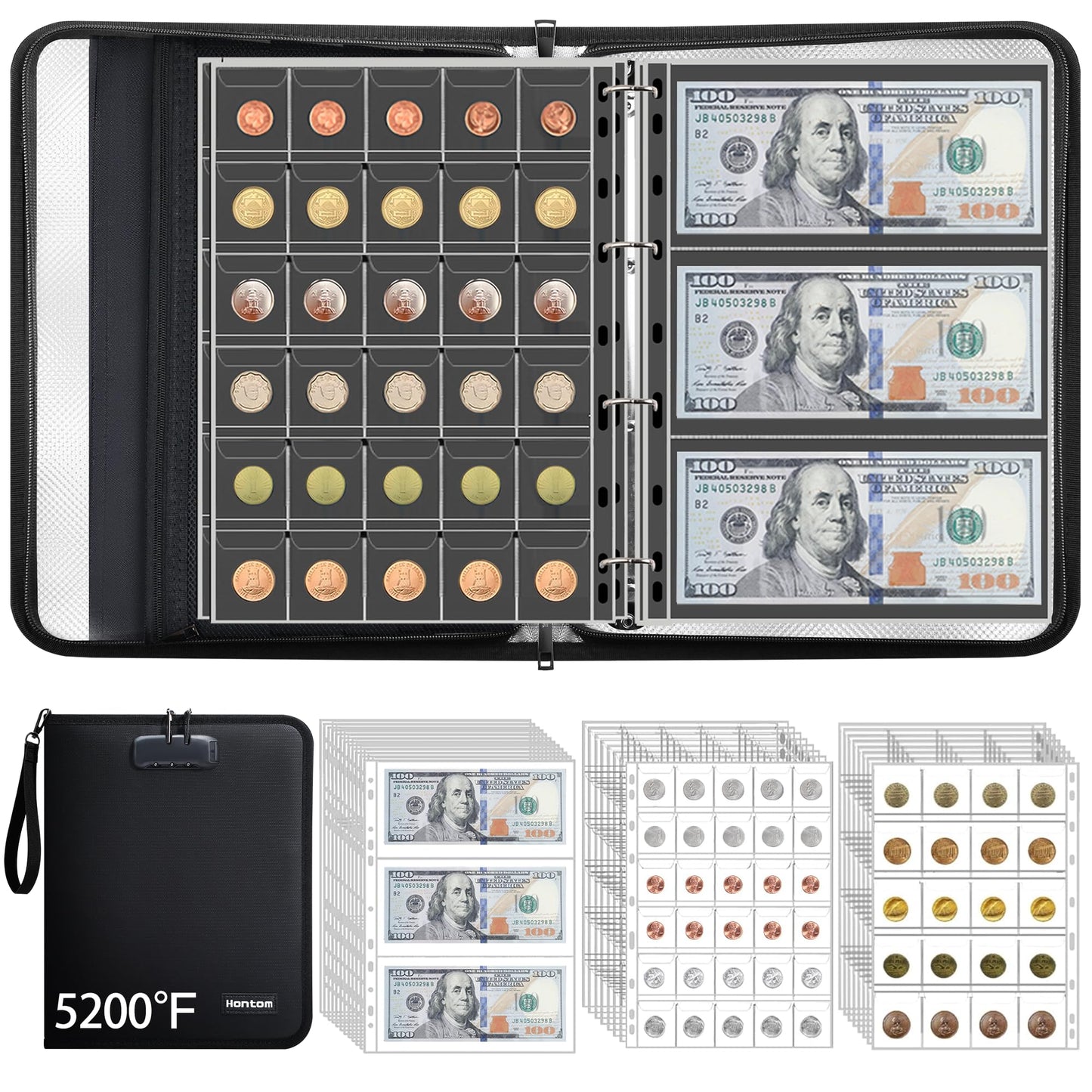 5200℉ Coin Collection Album with Lock, 400 Pockets Fireproof Coin Book & 36 Paper Currency Binder Sleeves, Coin Holder with Aluminum Foil Lining, Collecting Organizer for Pennies,Bill,Stamps,Badges
