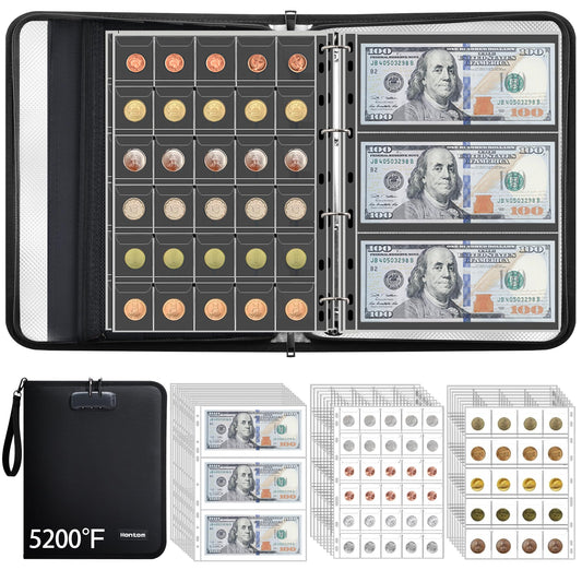 5200℉ Coin Collection Album with Lock, 400 Pockets Fireproof Coin Book & 36 Paper Currency Binder Sleeves, Coin Holder with Aluminum Foil Lining, Collecting Organizer for Pennies,Bill,Stamps,Badges