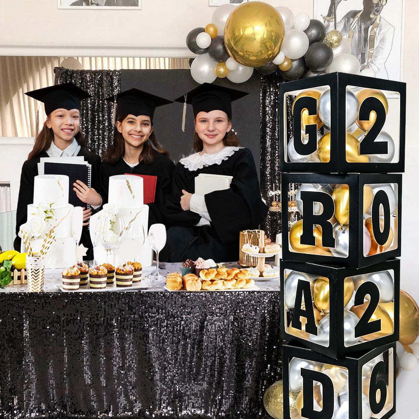 2026 Graduation Decorations - 4Pcs Black Balloon Boxes with Letters 2026&Grad for Preschool Kindergarten Middle High School College Graduation Party Decorations Class of 2026