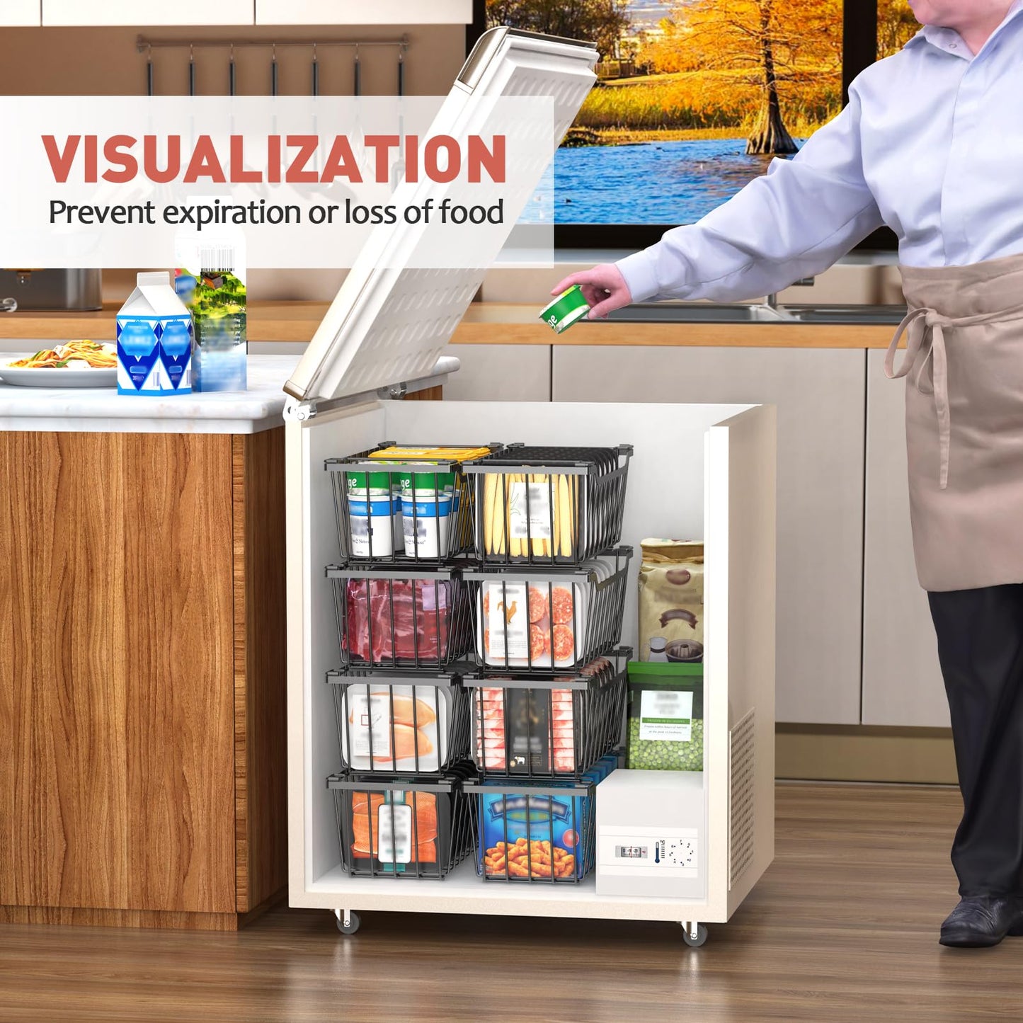 Goovilla Freezer Organizer Bins with Foldable Handle, 8 Pack Stackable Freezer Baskets for 3.5-7 Cu.FT Deep Chest Freezer Organization, Coated Metal Freezer Storage Bins with Better Space Utilization