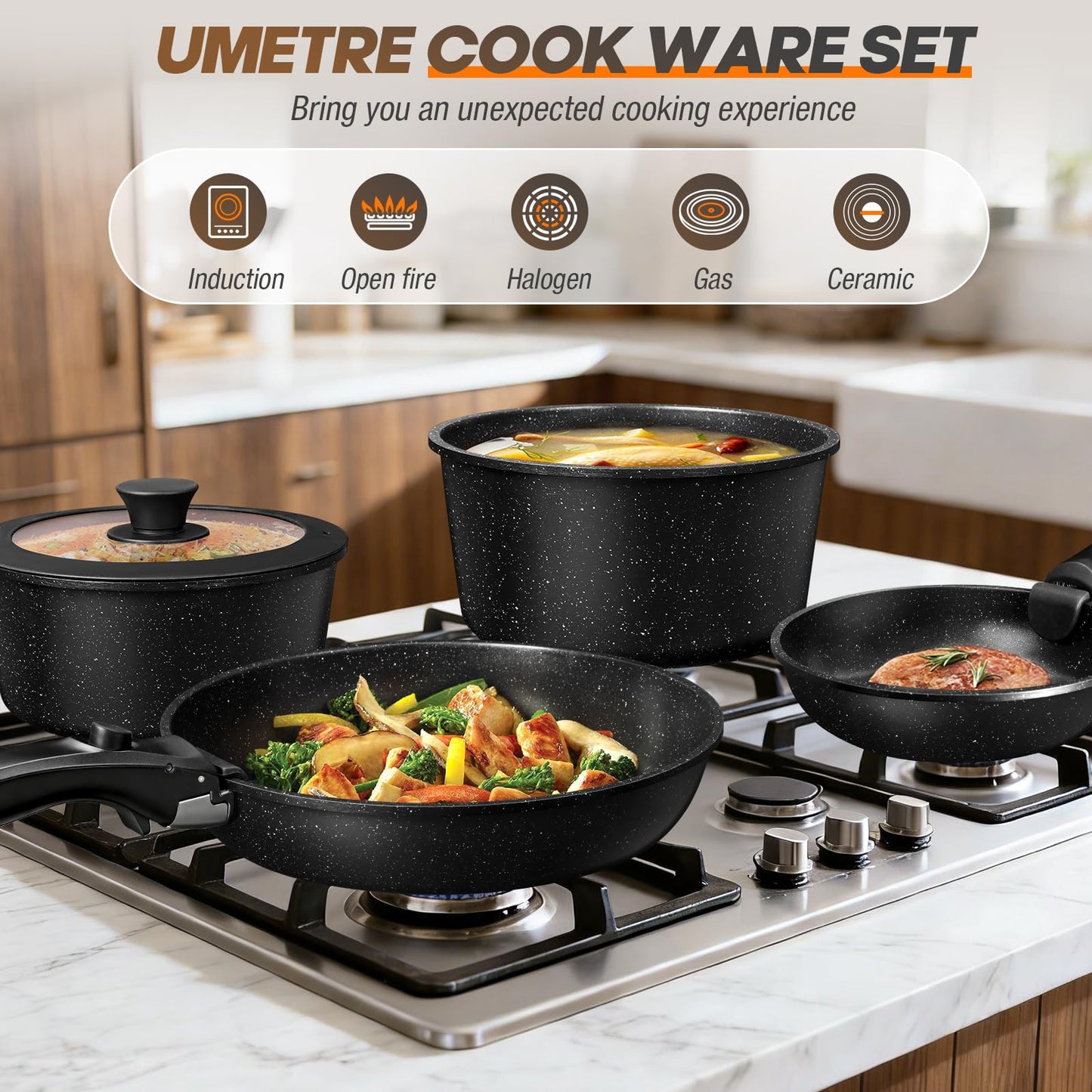 UMETRE pots and Pans Set, Nonstick Cookware Set Detachable Handle, Induction Kitchen Cookware Sets with Removable Handle, Non Stick RV Cookware Set, Dishwasher ＆ Oven Safe (9 PCS)