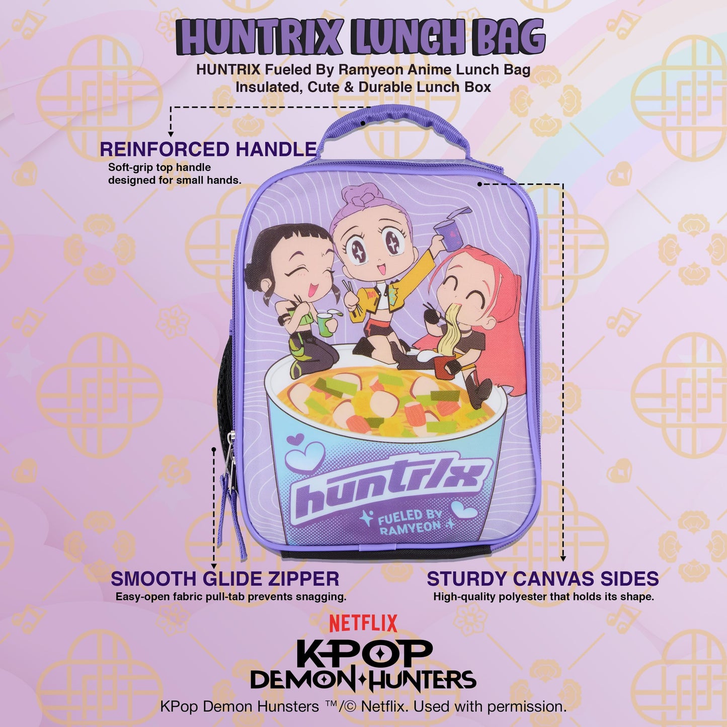K-Pop Demon Hunters Huntrix Fueled by Ramyeon Lunch Box, Full Zip Around Insulated Lunch Tote Bag For Hot and Cold Food, Purple