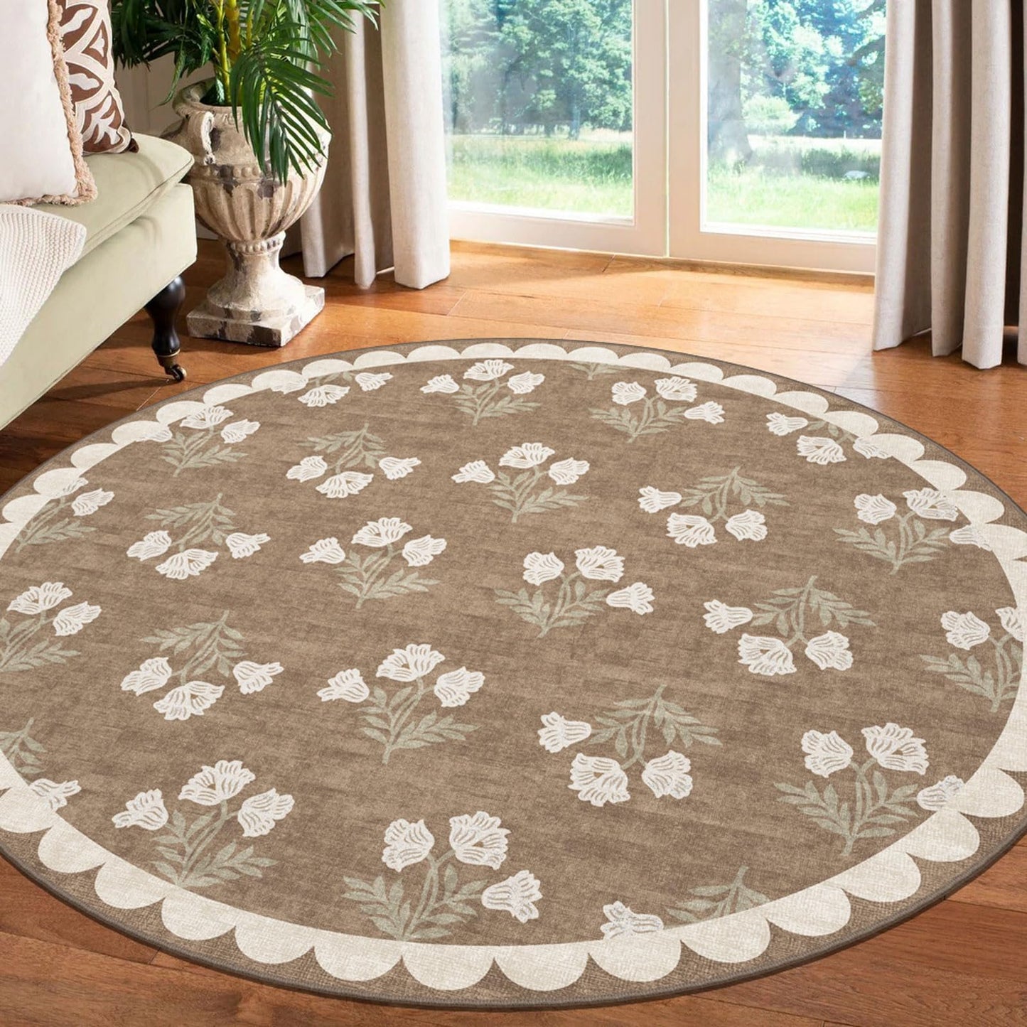 Othilic Tan Entryway Round Rug 4ft - Washable Boho Floral Neutral Farmhouse Scalloped Round Area Rug for Bedroom Non Slip Stain Resistant Circle Rugs for Living Room Kitchen Entryway Bathroom Nursery