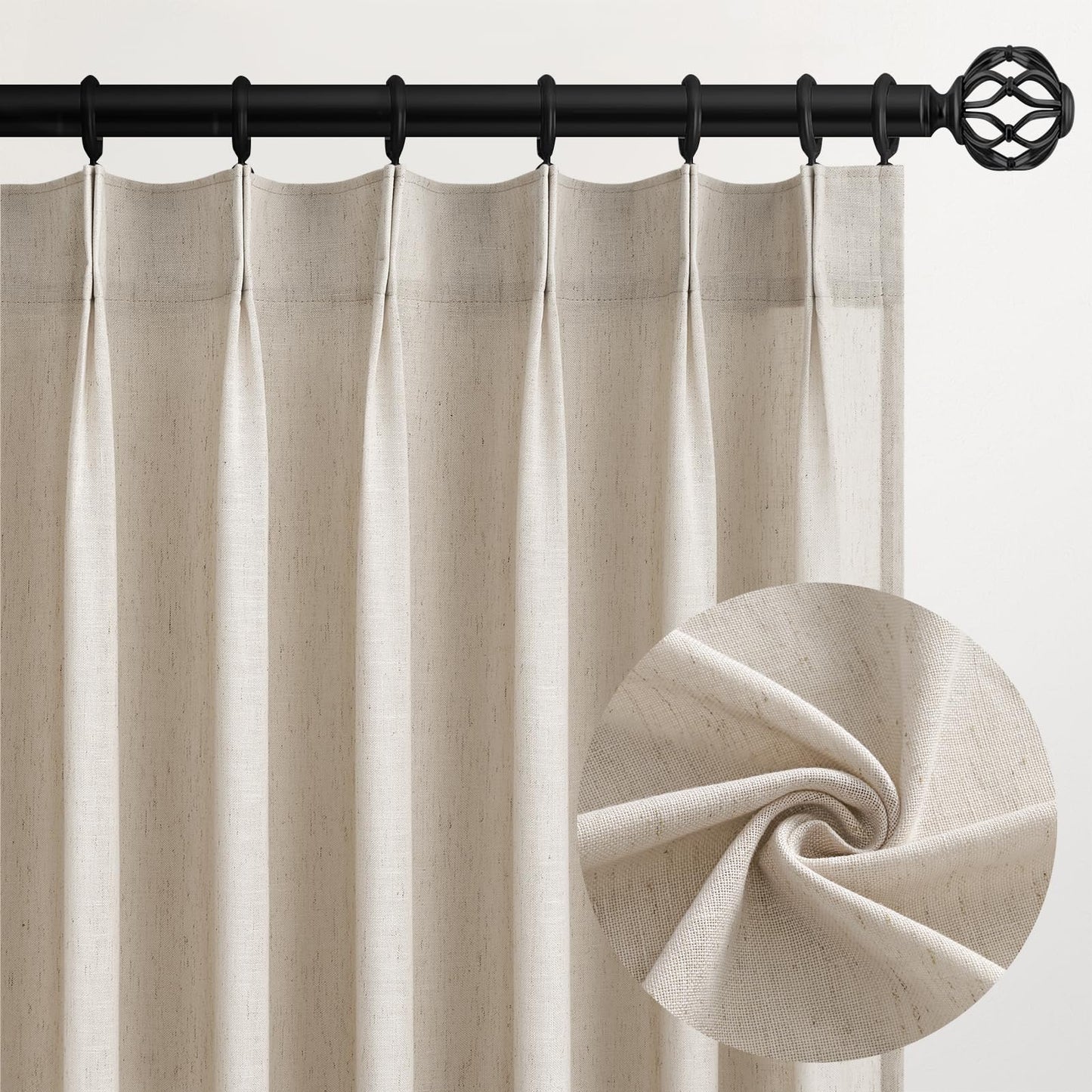 96 Inches Long Pleated Sheer Curtains,Oatmeal Linen Blended Light Filtering Window Curtains 96 Length 2 Panels for Living Room Bedroom Pinch Pleat Drapes with Hooks 2 Panels 40" Wx96 L,Light Camel