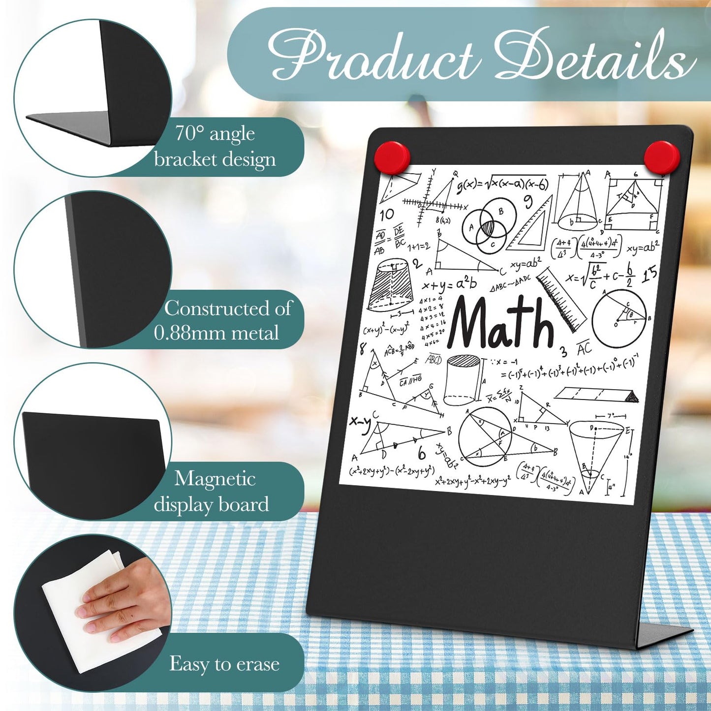 Fainne 2 Pcs Magnetic Bulletin Board with Easel Stand Mini Magnet Metal Tabletop Memo Display Board for Back to School Menu Table Office Supplies (Black,17 x 11 Inches)