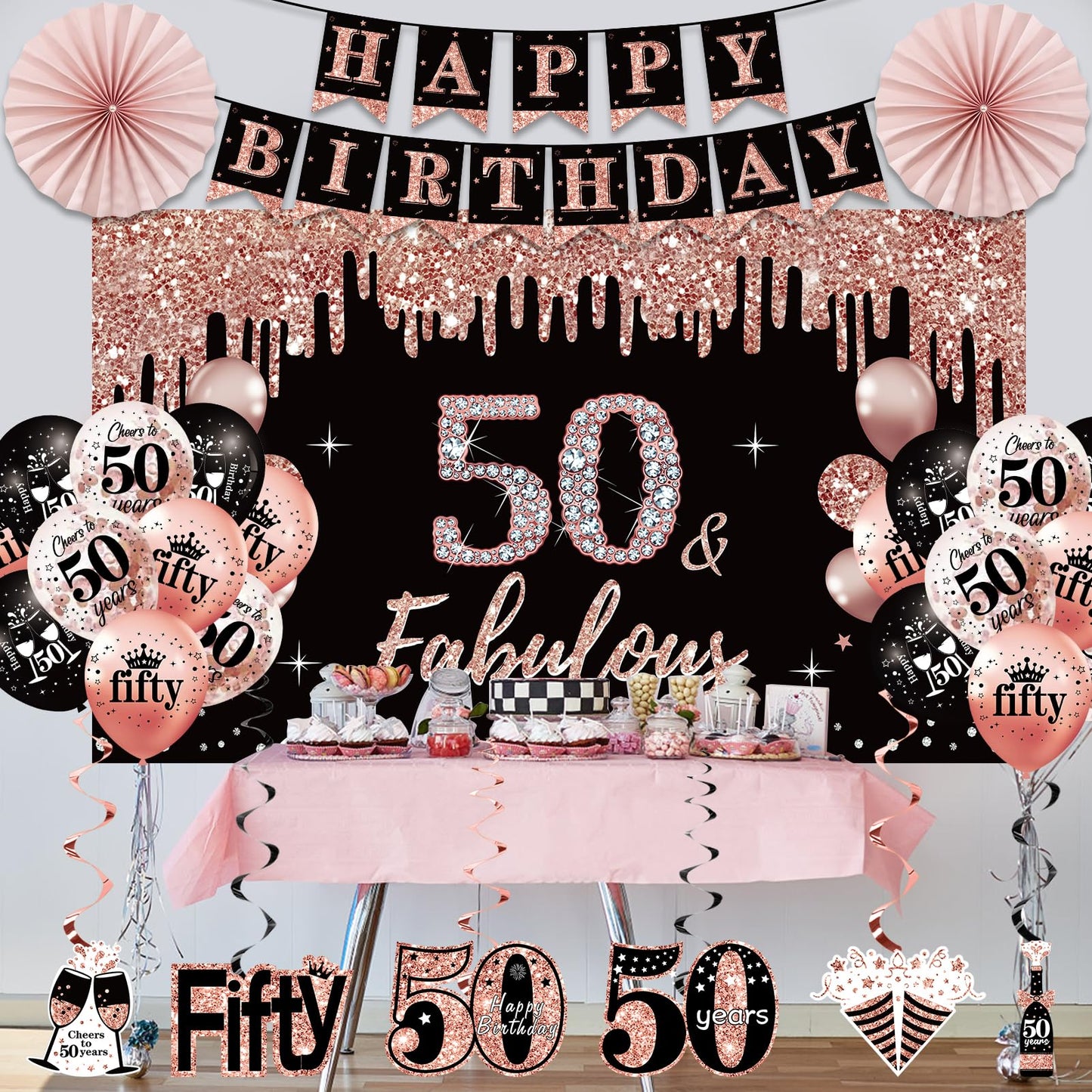 50th Birthday Decorations for Women, 33pcs 50th Birthday Crown and Sash, Black Rose Gold Happy 50th Birthday Banner Balloons Backdrop Hanging Swirls Paper Fans, 50 Years Old Birthday Decorations Kit