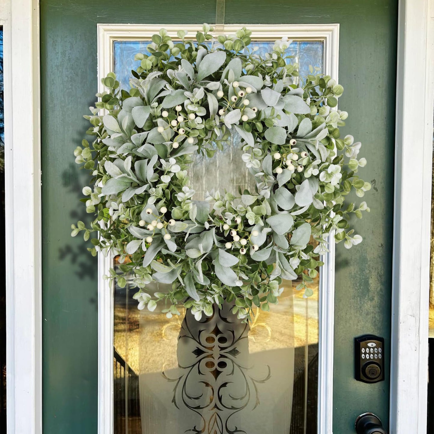 26 Inch Large Lambs Ear Wreaths for Front Door Spring Summer Lambs Leaves with White Berries, Artificial Greenery for Farmhouse Porch Wall Living Room Home Widding Decor for All Seasons Wreaths