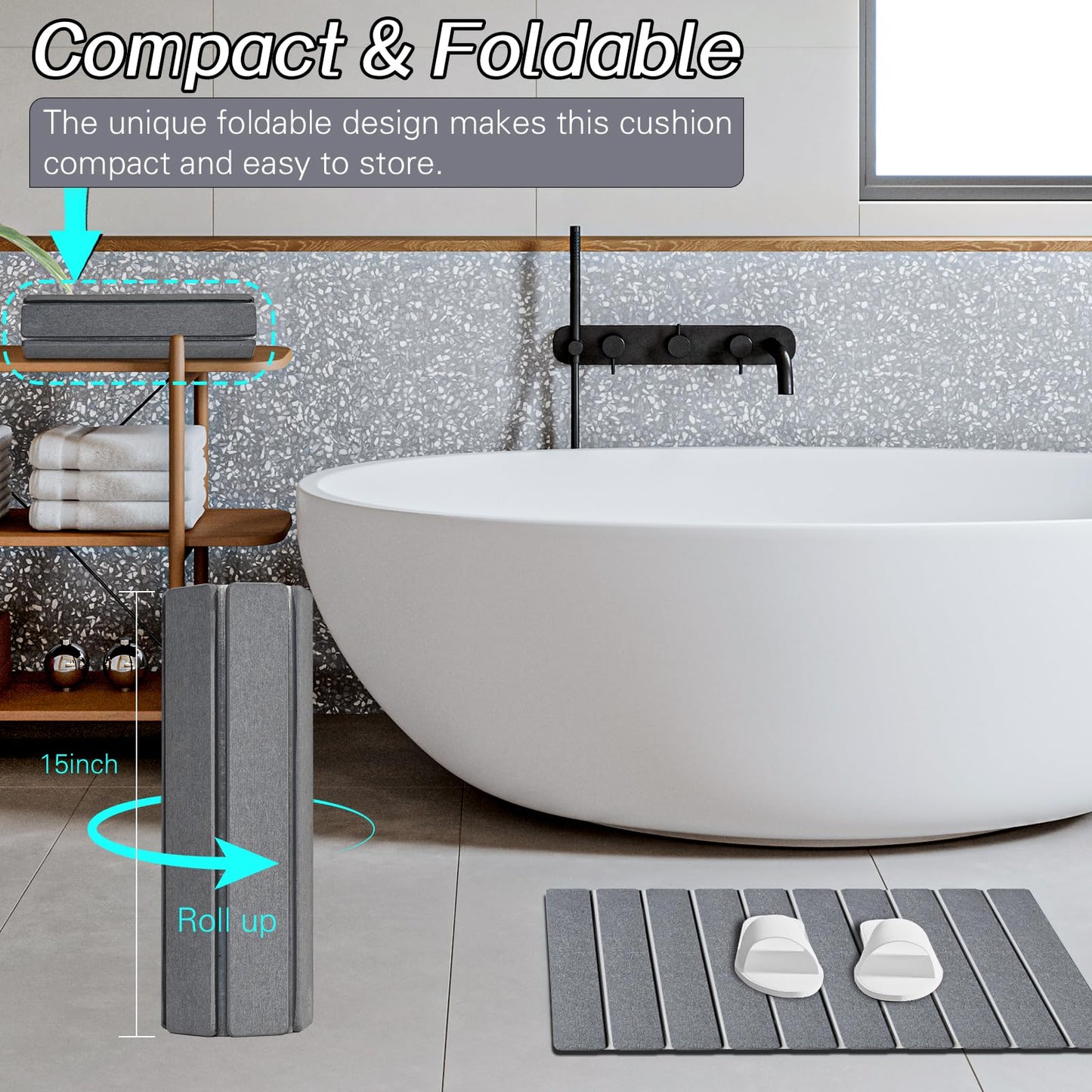 Setguopal 2 Pack Foldable Stone Bath Mats, Gray Super Absorbent Diatomaceous Earth Bath Rug, Non-Slip Shower Mat, Quick-Drying Bath Rug and Drying Mat for Tub and Shower