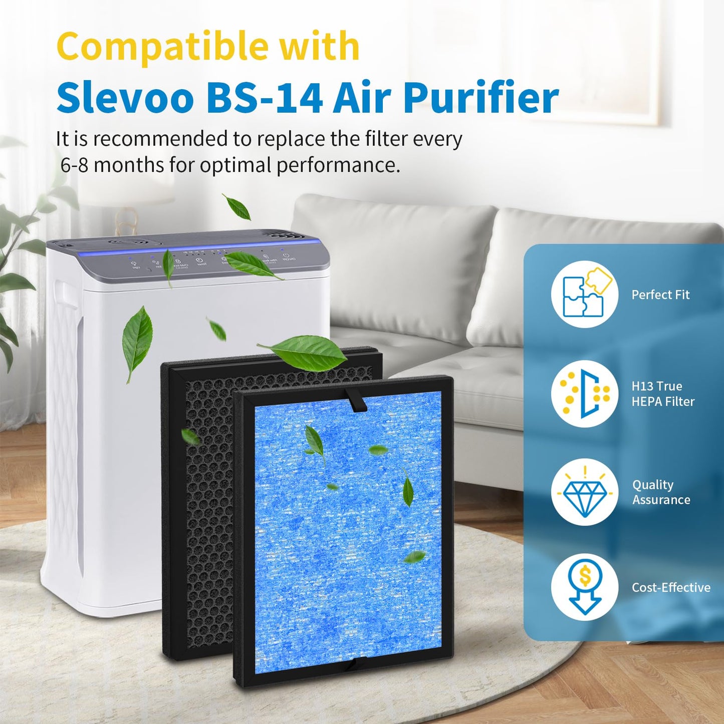 Harebery BS-14 Replacement Filter, Compatible with Slevoo BS-14 Air Cleaner Purifier, 3-in-1 Air Filter Replacement, 2 Pack