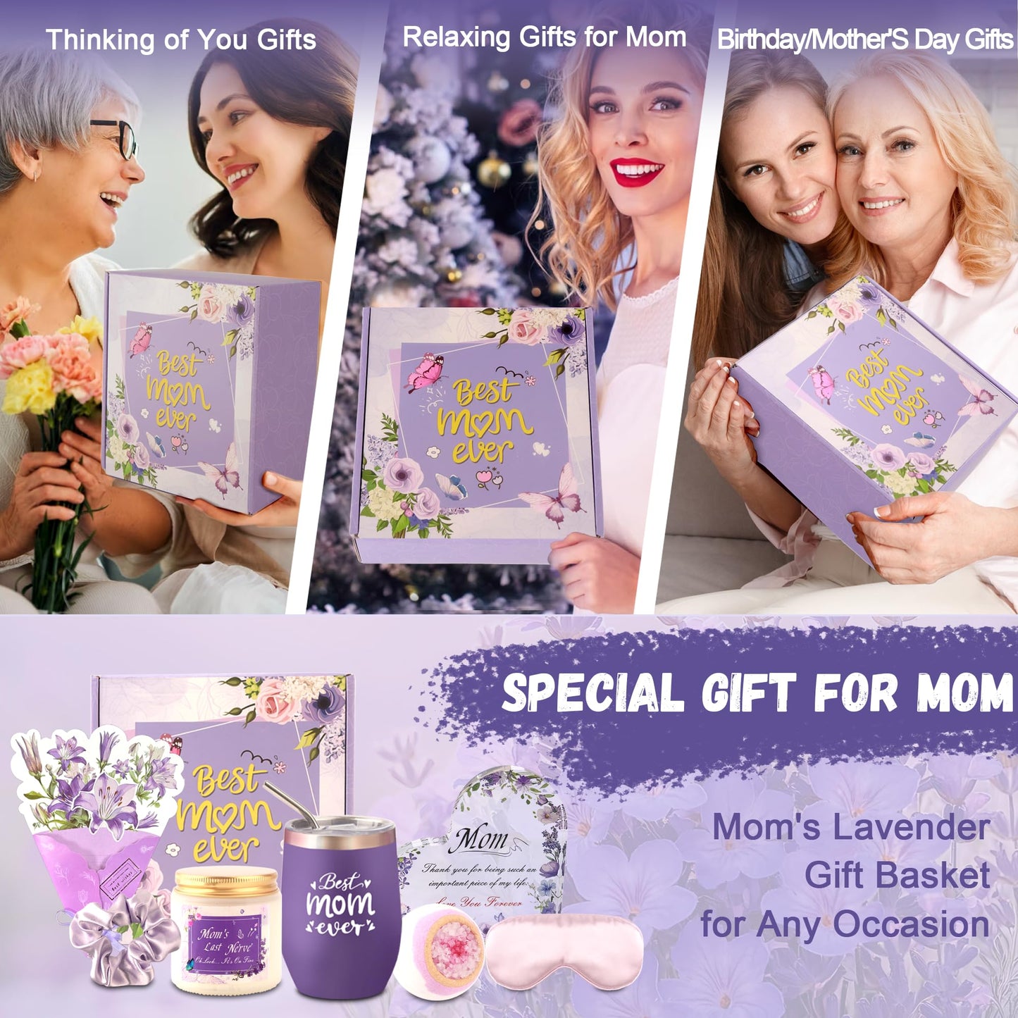 Neekiko Gifts for Mom, Birthday Mothers Day Gifts for Mom from Daughter Son, Lavender Relaxing Gift Basket Set with 12 oz Wine Glass, Funny Mothers Day Gift Ideas for Mama Mother in Law, Purple