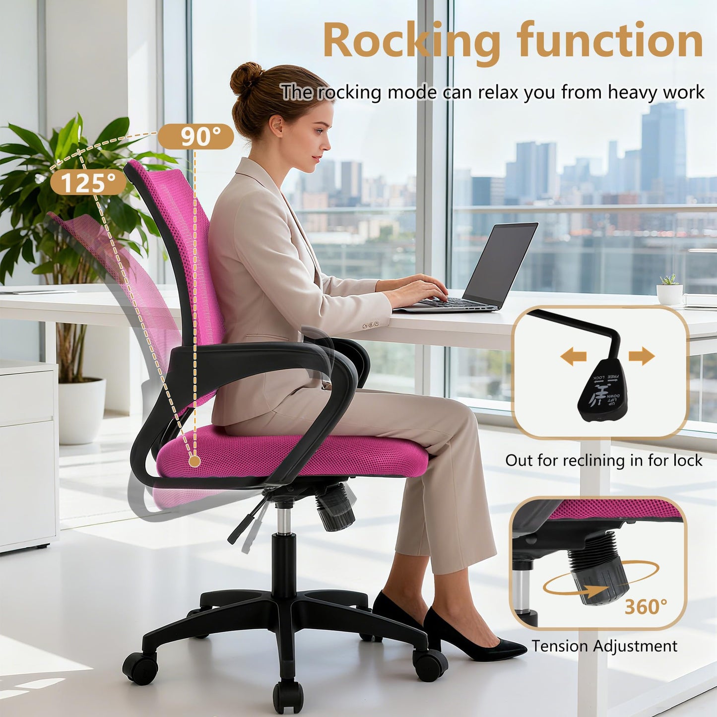 BestOffice | Ergonomic Office Chair | Mid-Back Swivel Desk Chair | Breathable Backrest & Lumbar Support | Adjustable Height | Sponge Seat | Rolling Wheels | Peach Pink | for Adults & Women