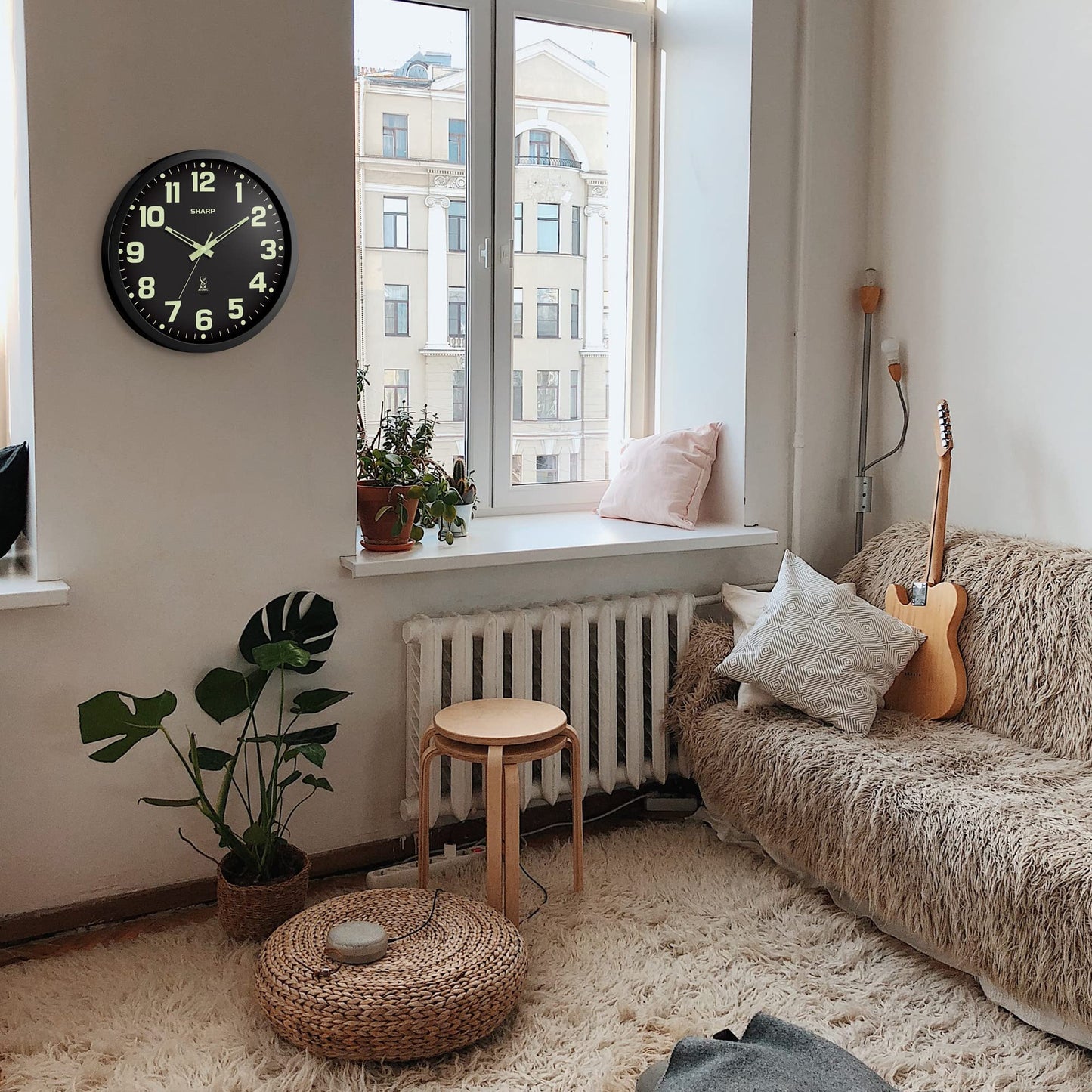 Sharp Glow in the Dark Atomic Analog Wall Clock - 12" Clock with Black Frame - Sets Automatically - Battery Operated - Easy to Read - Easy to Use – See Day or Night!