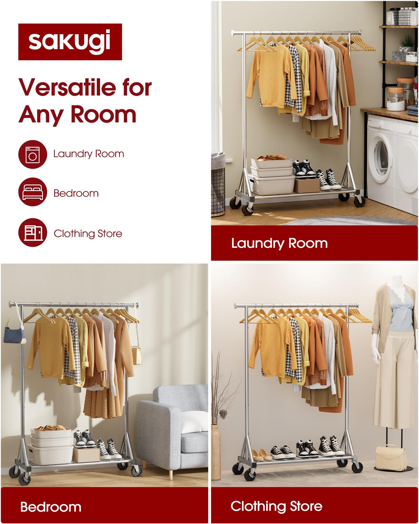 Sakugi Heavy Duty Stainless Steel Rolling Clothes Rack with Mesh Shelf, Lockable Wheels & Anti-Slip Stoppers, Large Capacity Clothing Organizer for Bedroom, Laundry Room, 42.5" x 16.5" x 65.9", Silver
