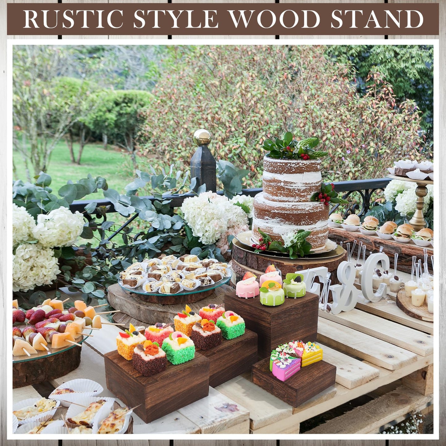 Barydat 6 Pcs Wood Display Risers Rustic Cupcake Stand Food Risers for Buffet Table Wooden Stackable Display Stand Box for Catering Dessert Collectibles Jewelry Figures Show(Burnt Wood Color)