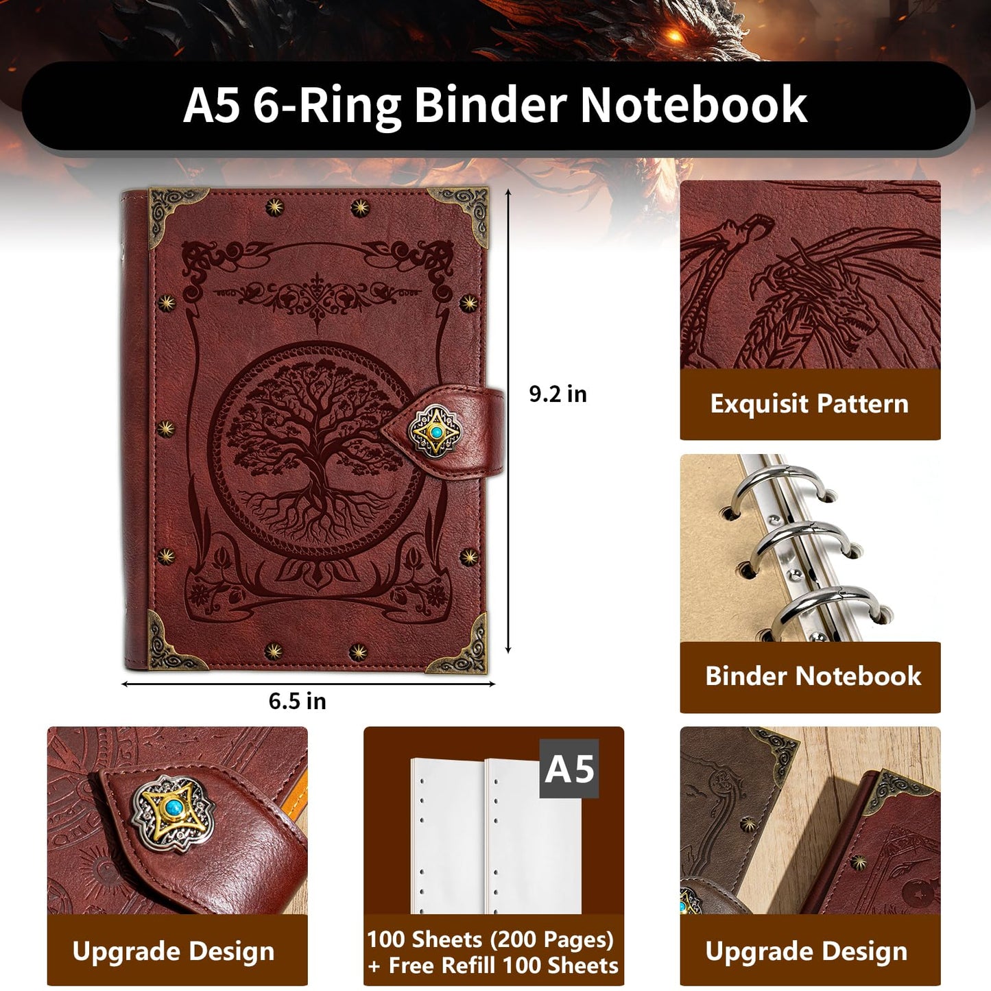 DUROTAN Tree of Life Journals Notebook Gift Set-Unique A5 Binder 400 Page Vintage Leather Suitable for Women & Men writing,Poets,Travelers,as a Diary Dnd Gift