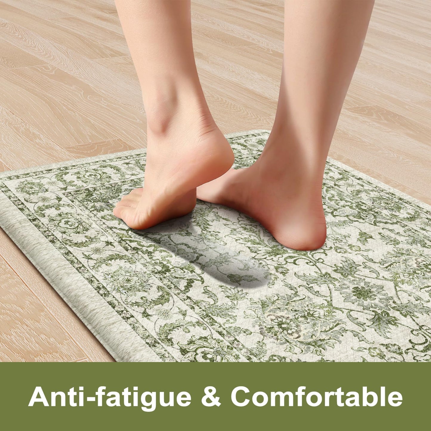 KIMODE Anti Fatigue Kitchen Mat Set, Non Slip Waterproof Kitchen Rug Set of 2, Boho Rugs for Kitchen, Ergonomic Standing Kitchen Sink Mats for Floor, 17"x29.5"+17" x47”, Green