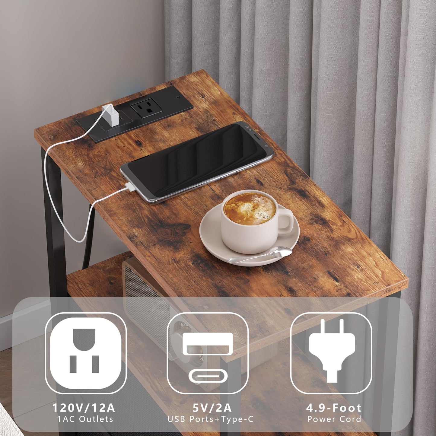 TUTOTAK Small Narrow End Table with Charging Station, Set of 2, Side Table with Outlets, Nightstand with 2 Cloth Drawers, Couch Table, for Living Room, Bedroom, Bedside, Brown TB01BB055