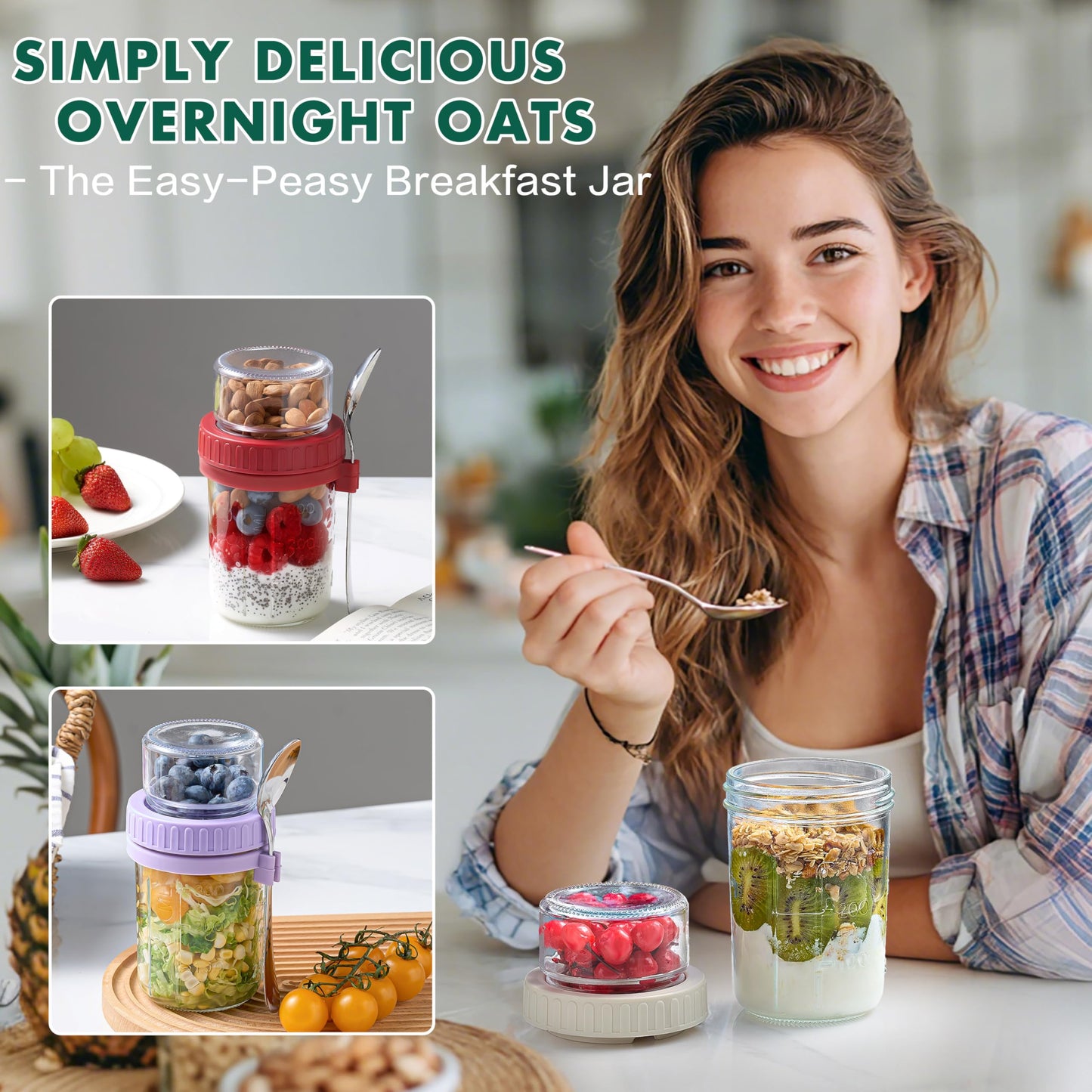 Danmu 4 Pack Overnight Oats Containers with Lids 21 oz (16+5),Dual-Layer Yogurt Parfait Cups with Lids,Meal Prep Containers Glass for Overnight Oats,Yogurt,Parfait,Salad Dishwasher Safe