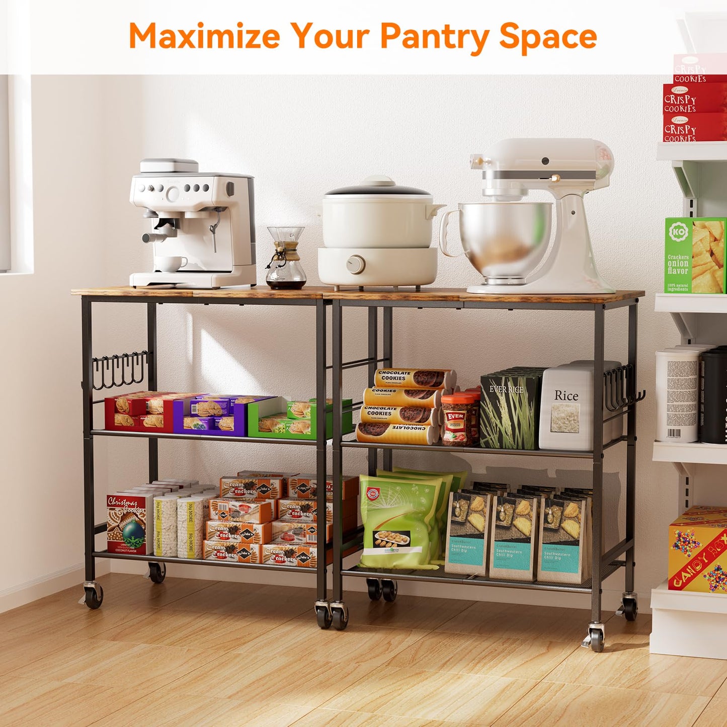 NTE Rolling Kitchen Microwave Cart, 3 Tier Microwave Stand with Storage, Small Kitchen Island on Wheels, Kitchen Storage Cart with 6 Hooks for Kitchen, Coffee Bar, Living Room, Balcony