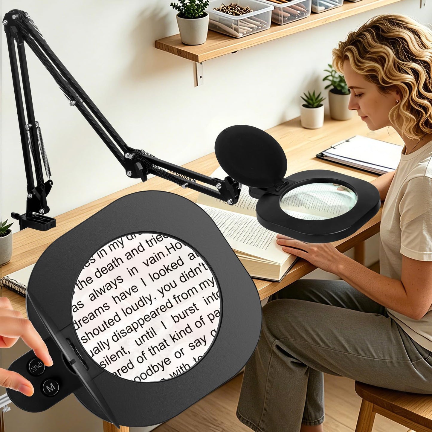 12X Large Ultra Long Magnifying Glass with Light and Clamp, 5-Inch Real Glass, 5 Color Modes, Stepless Dimmable, Hands Free LED Lighted Magnifier Stand for Workbench,Craft, Reading, Cross Stitch