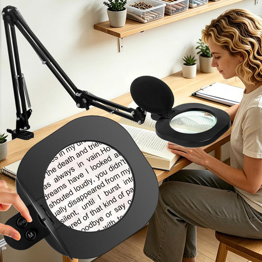 12X Large Ultra Long Magnifying Glass with Light and Clamp, 5-Inch Real Glass, 5 Color Modes, Stepless Dimmable, Hands Free LED Lighted Magnifier Stand for Workbench,Craft, Reading, Cross Stitch