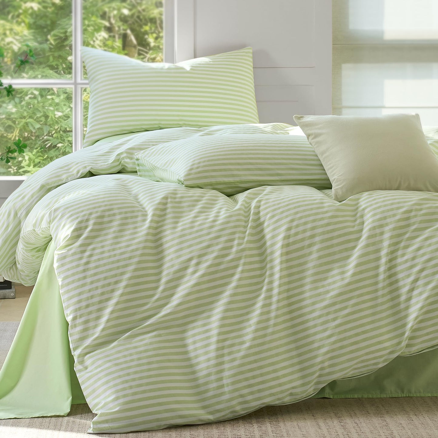 JELLYMONI Striped Duvet Cover Set - Queen Size Comforter Cover, Classic Sage Green & White Stripes, 100% Cotton 3 Pcs Bedding with Zipper Closure & 8 Corner Ties for Master or Guest Bedroom