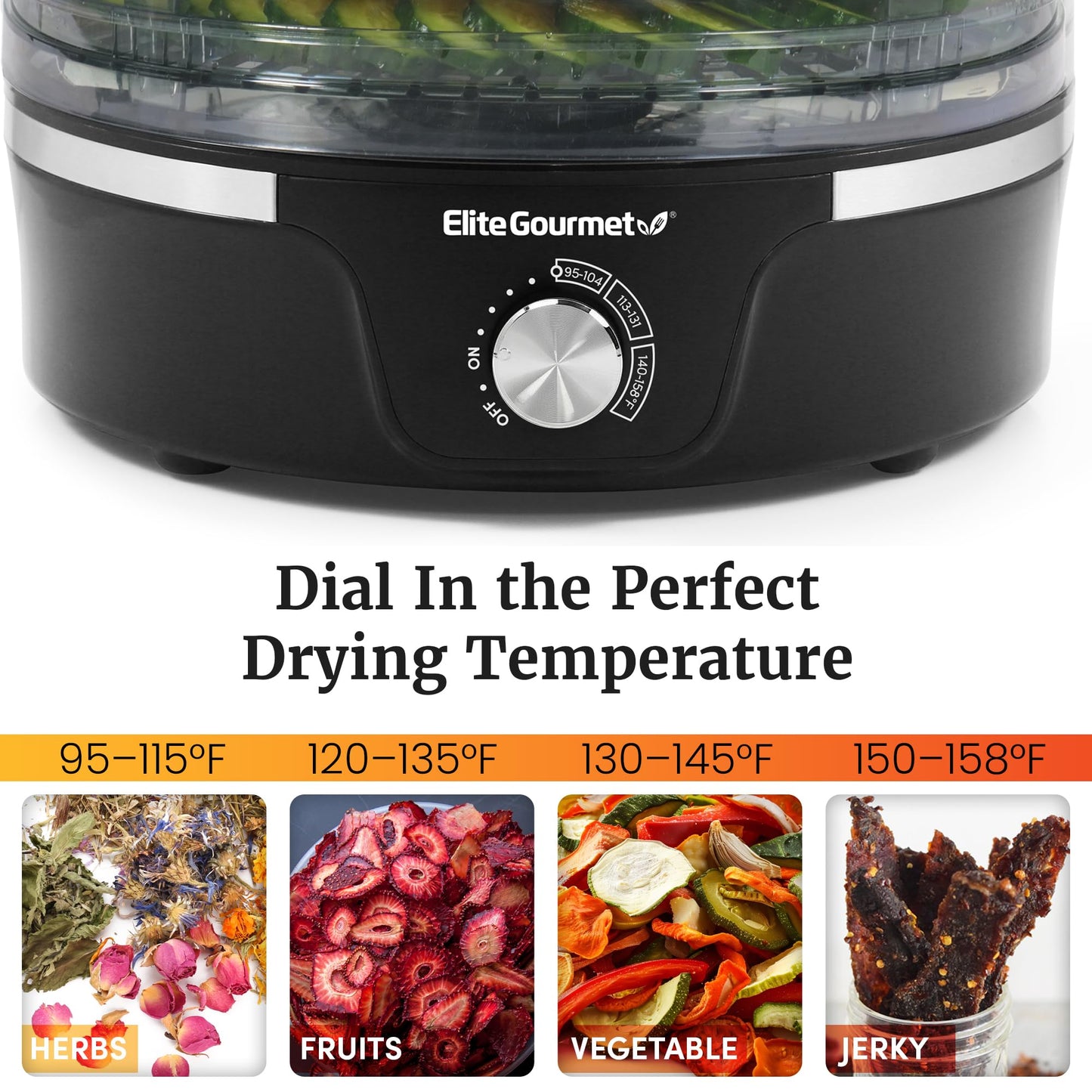 Elite Gourmet EFD319 Food Dehydrator, 5 BPA-Free 11.4" Trays Adjustable Temperature Controls, Jerky, Herbs, Fruit, Veggies, Dried Snacks, Black