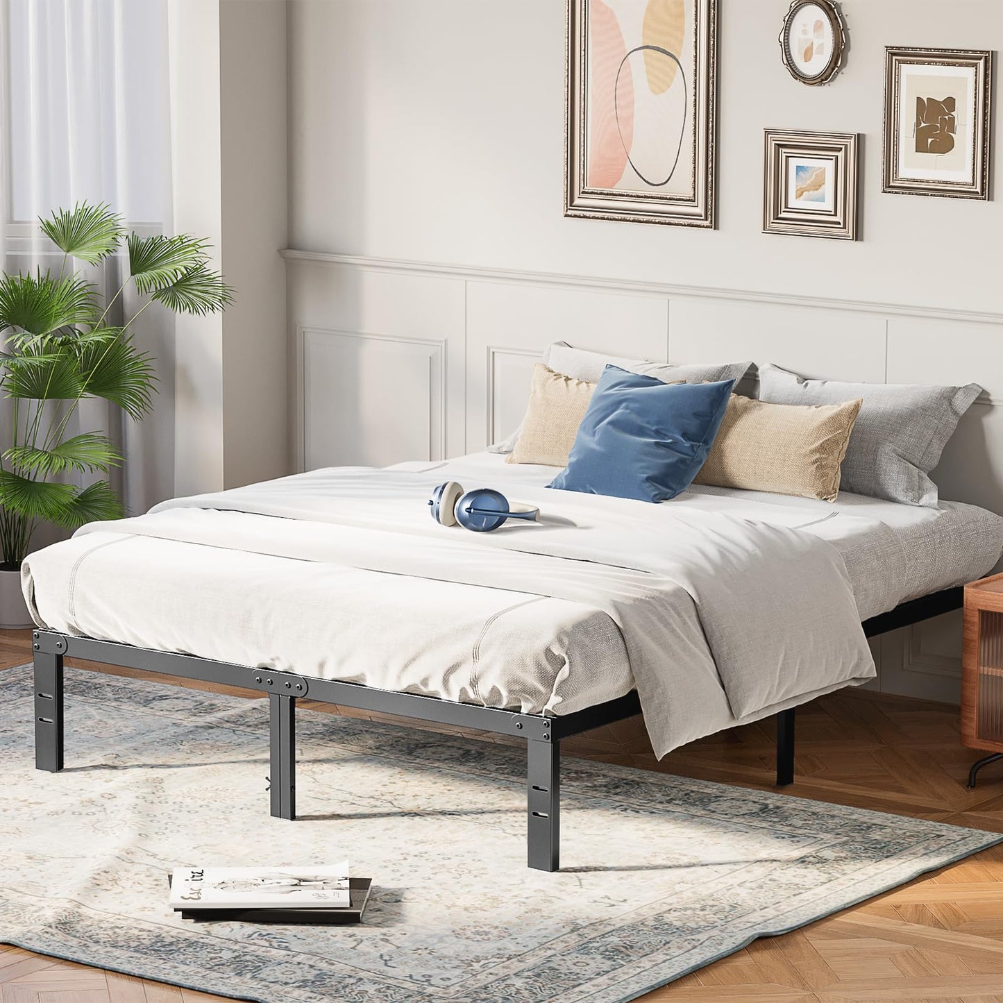 OLIXIS Metal Queen Bed Frame - 14in High with Storage Space, No Box Spring Needed with Sturdy Steel Slat Support, 2200LBS Heavy Duty for Easy Assembly, Black for Bedroom