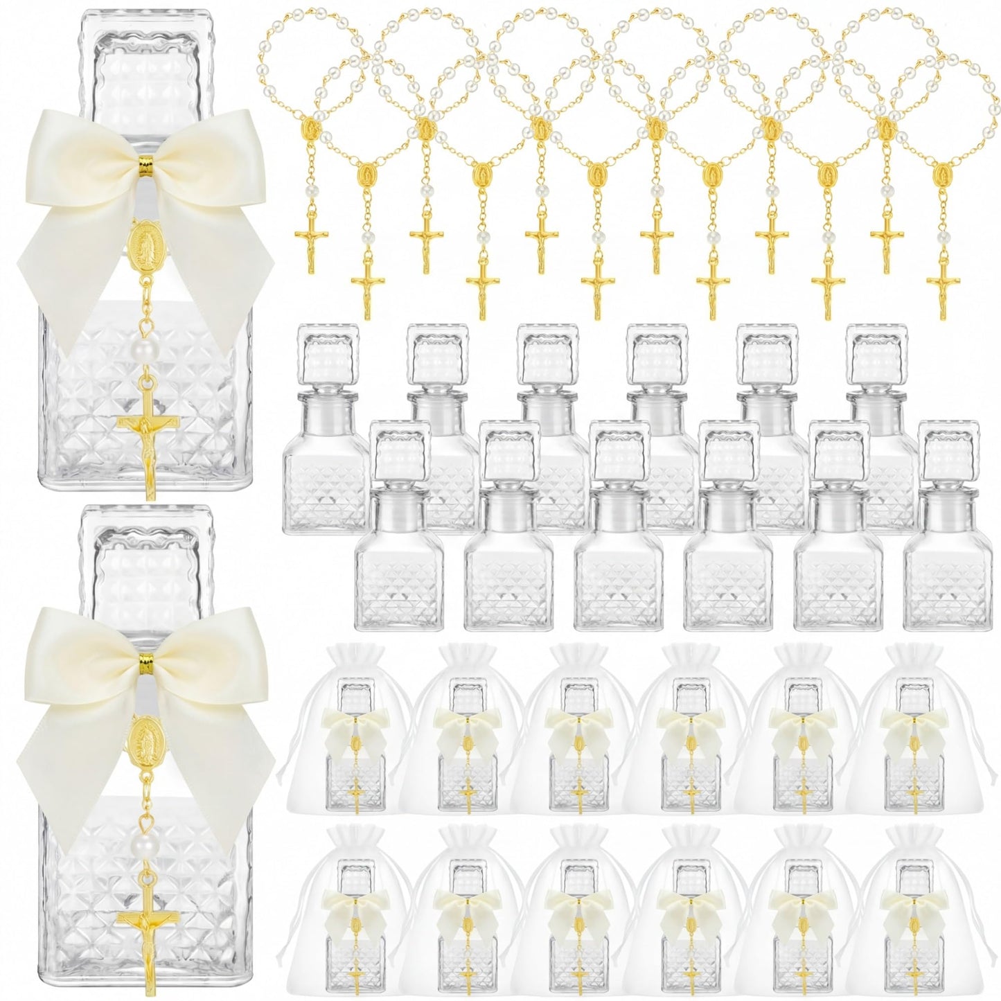 Chuangdi 24 Sets Holy Water Bottles Baptism Favors for Guest Holy Water Container with Cross Rosary Organza Bag Bow 50ml Glass Empty Container for Communion Christian Wedding (Elegant,White)