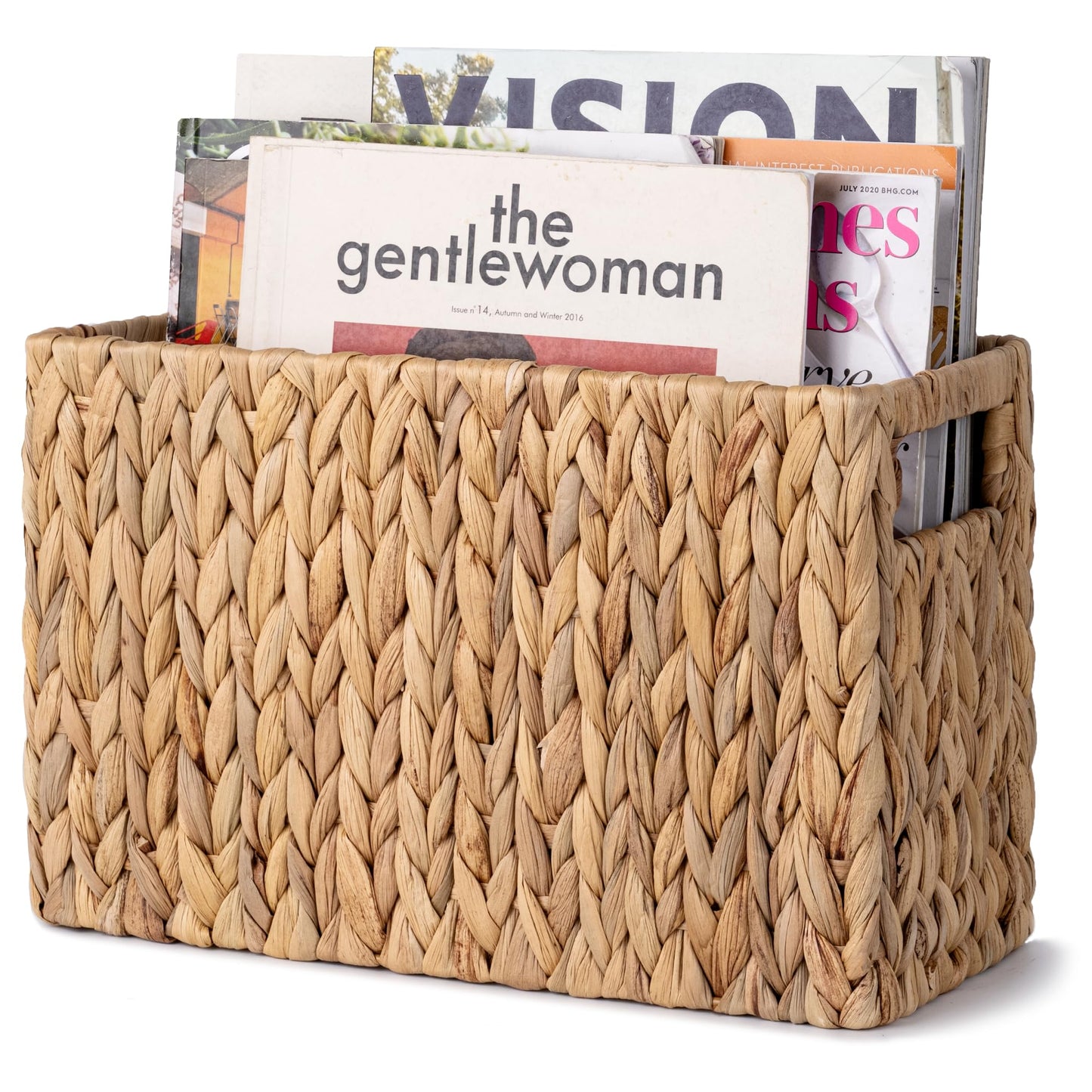 StorageWorks Hand-Woven Magazine Holder, Magazine Wicker Basket for Bathroom, Office, Rattan Magazine Holder, Natural Water Hyacinth, 1 Pack