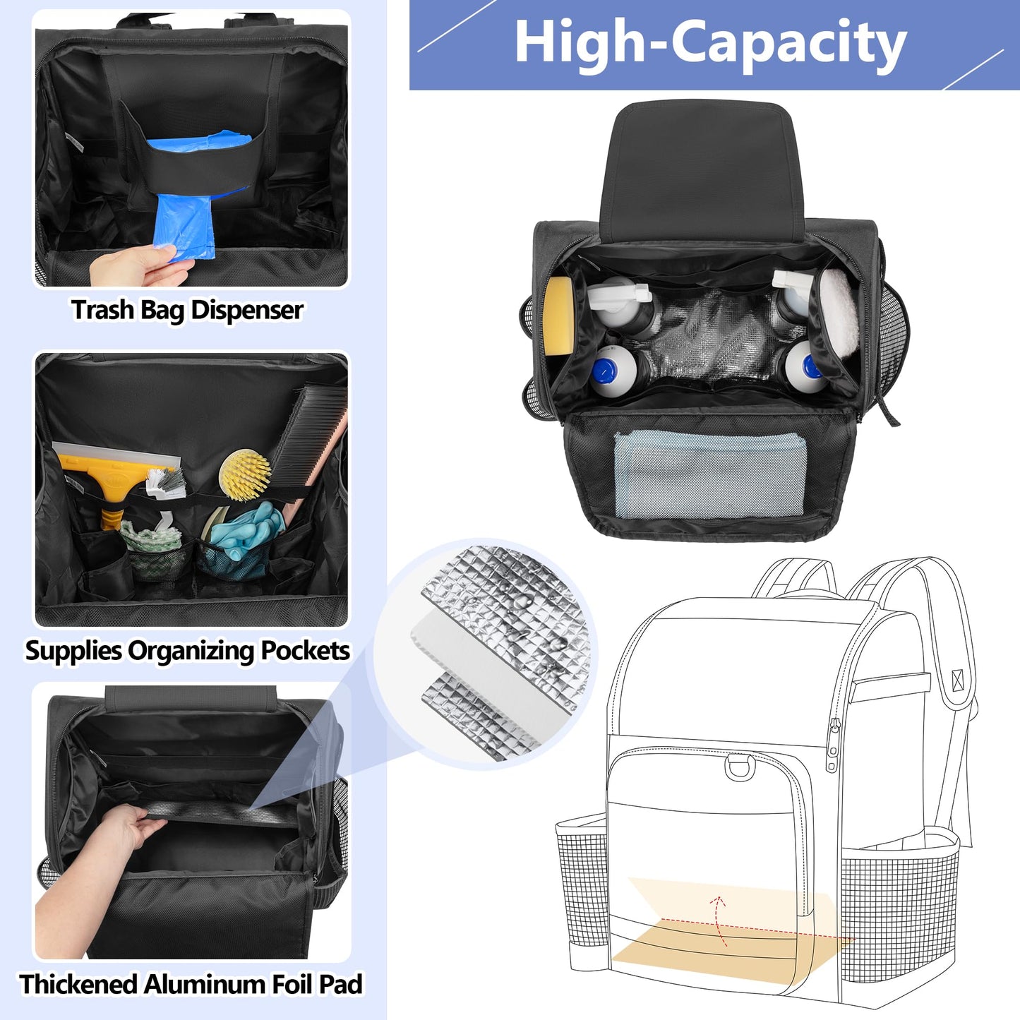 LoDrid Cleaning Bag with Thickened Adjustable Shoulder Straps, Large Cleaning Caddy Organizer with Multiple Pockets for Cleaning and Housework, Black (Patent Designed)