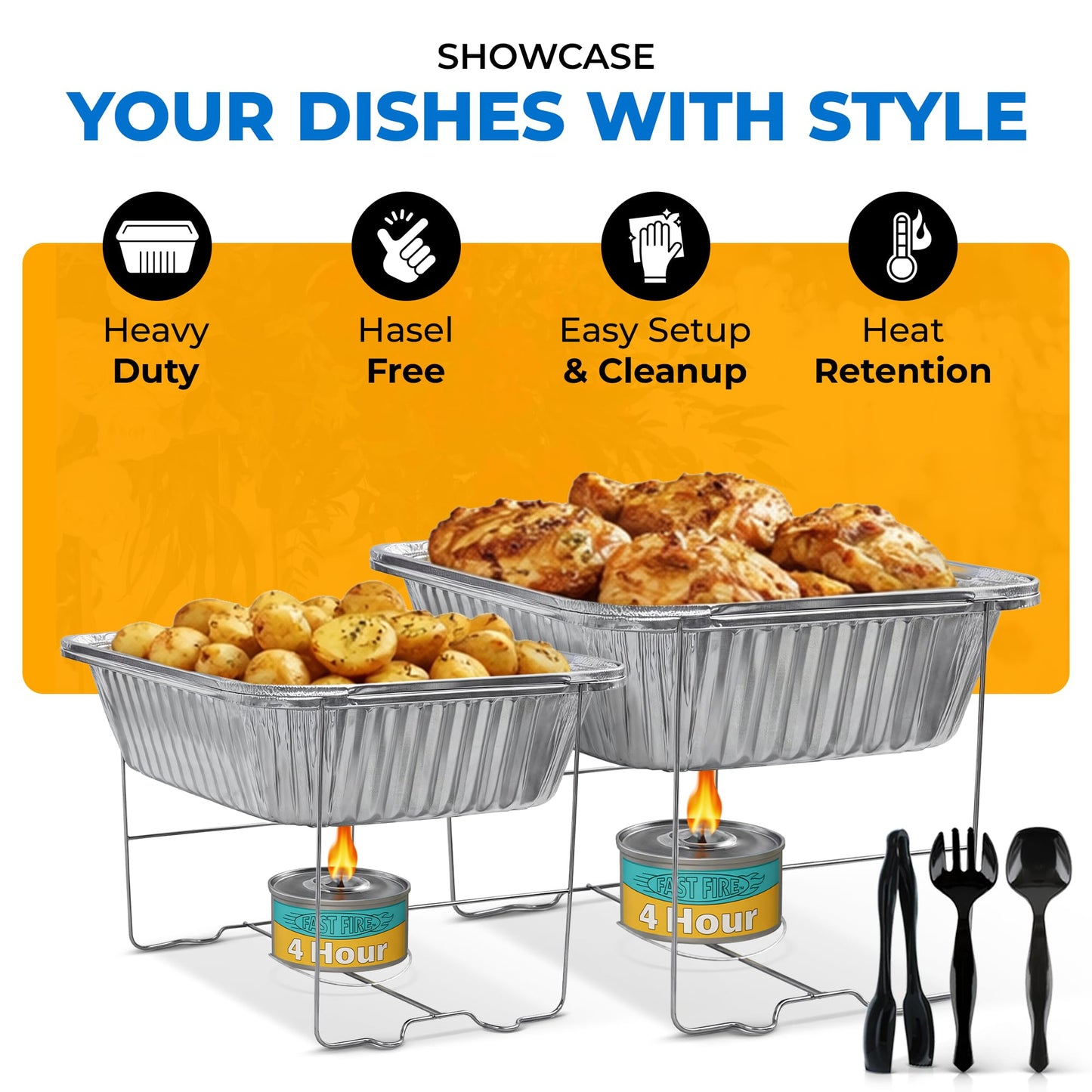 Disposable Chafing Dish Buffet Set – 6 Pack Half Size (Standard 10 3/8" x 12 3/4"), Patented Foldable Wire Racks, 4-Hour Fuel Cans, Aluminum Food & Water Pans, Serving Utensils, Reusable or Disposable