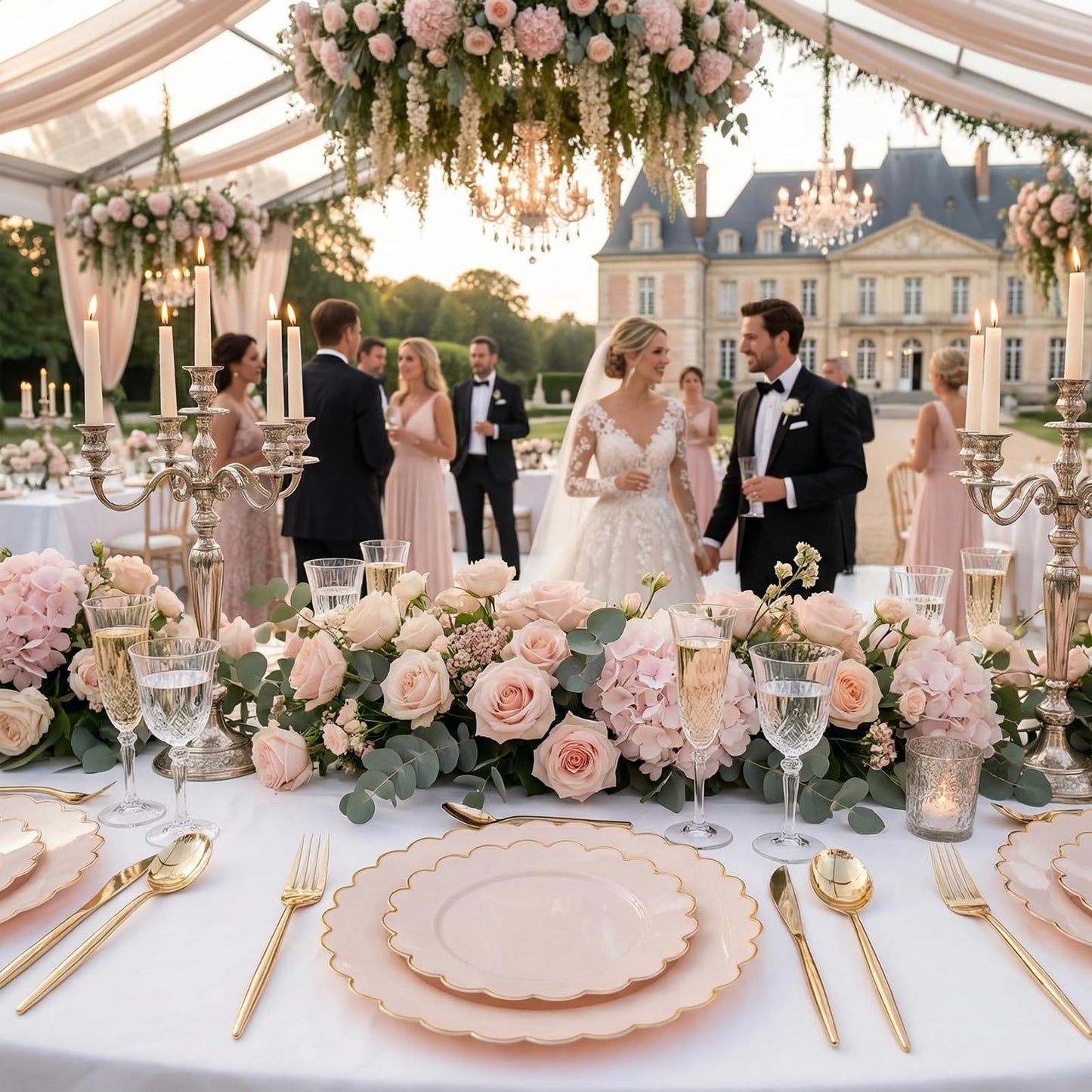 LIYH 60 Pcs Pink Plastic Plates with Gold Pink Plates Disposable Plate Set Includes 30 Dinner 10.25" and 30 Dessert Plate 7.5" for Baby Shower,Weddings,Parties,Birthday