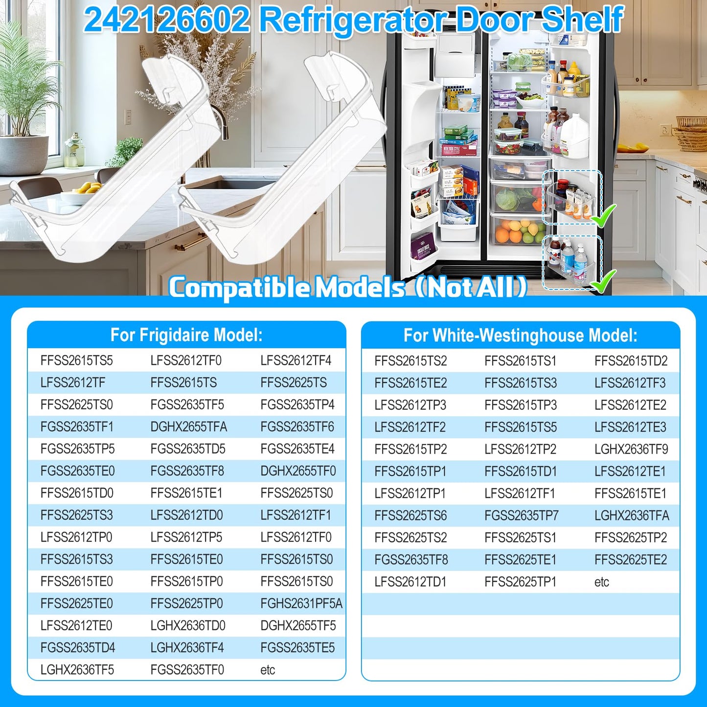 [2 PACK]UPGRADED LFSS2612TF0 LFSS2612TF4 FFSS2615TS0 FFSS2615TS5 FGSS2635TF5 FGSS2635TF6 Refrigerator Door Bin Shelf For Frigidaire Door Shelf 242126602 Refrigerator Door Shelf FFSS2615TS2 Door Bin