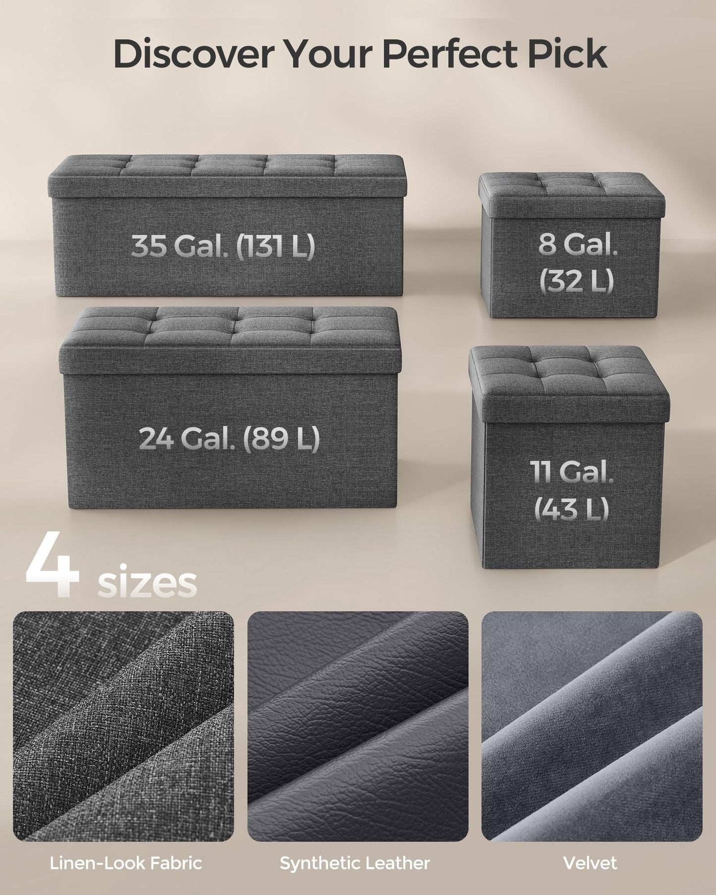 SONGMICS Mazie Collection - Small Folding Storage Ottoman, Foot Rest Stool, 12.2 x 16.1 x 12.2 Inches, 286 lb Load Capacity, for Living Room, Bedroom, Home Office, Dorm, Dark Gray ULSF102G01