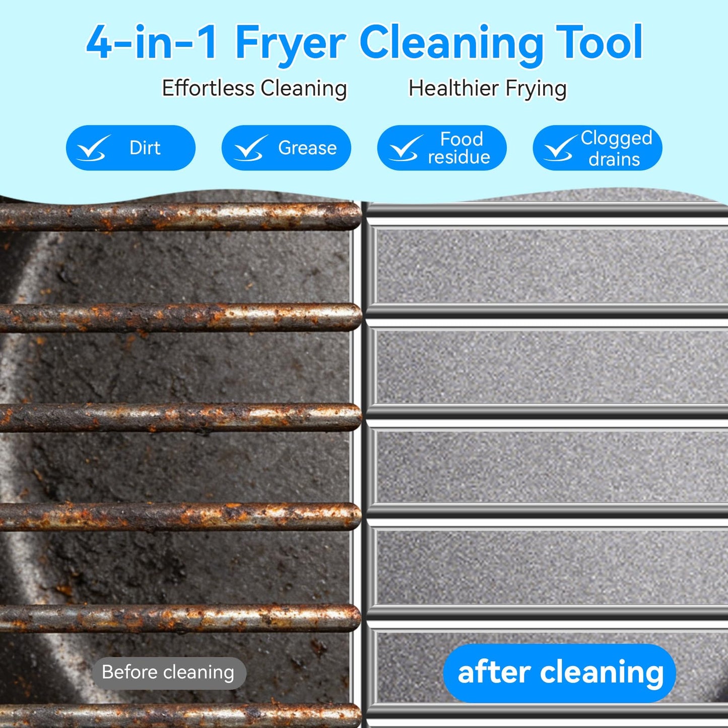 4-Piece Professional Deep Fryer Cleaning Kit - Commercial Stainless Steel Set with Dual-Layer Basket Brush, 3-in-1 Grill Scraper, L-Shape Brush & Drain Wand